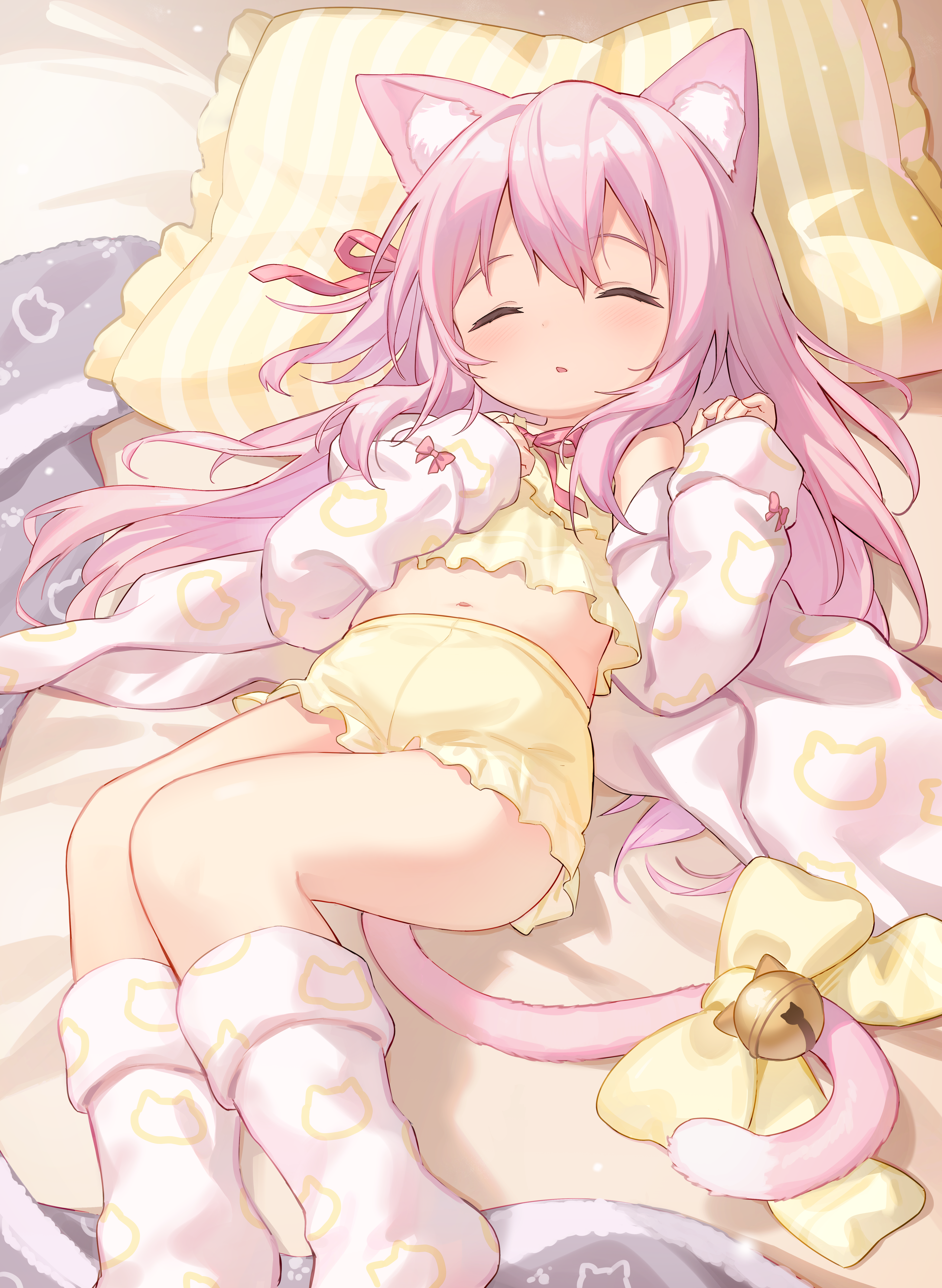 cloneko (zelmeledf2), kisaragi (azur lane), azur lane, absurdres, commission, commissioner upload, highres, non-web source, skeb commission, variant set, 1girl, alternate costume, animal ears, bell, bloomers, blush, bow, camisole, cardigan, cat ears, cat girl, cat tail, closed eyes, frilled pillow, frills, hair ribbon, long hair, long sleeves, lying, midriff, navel, on back, open mouth, pillow, pink hair, pink ribbon, ribbon, sleeping, socks, solo, tail, tail bell, tail bow, tail ornament, underwear, white cardigan, white socks, yellow bloomers, yellow bow, yellow camisole