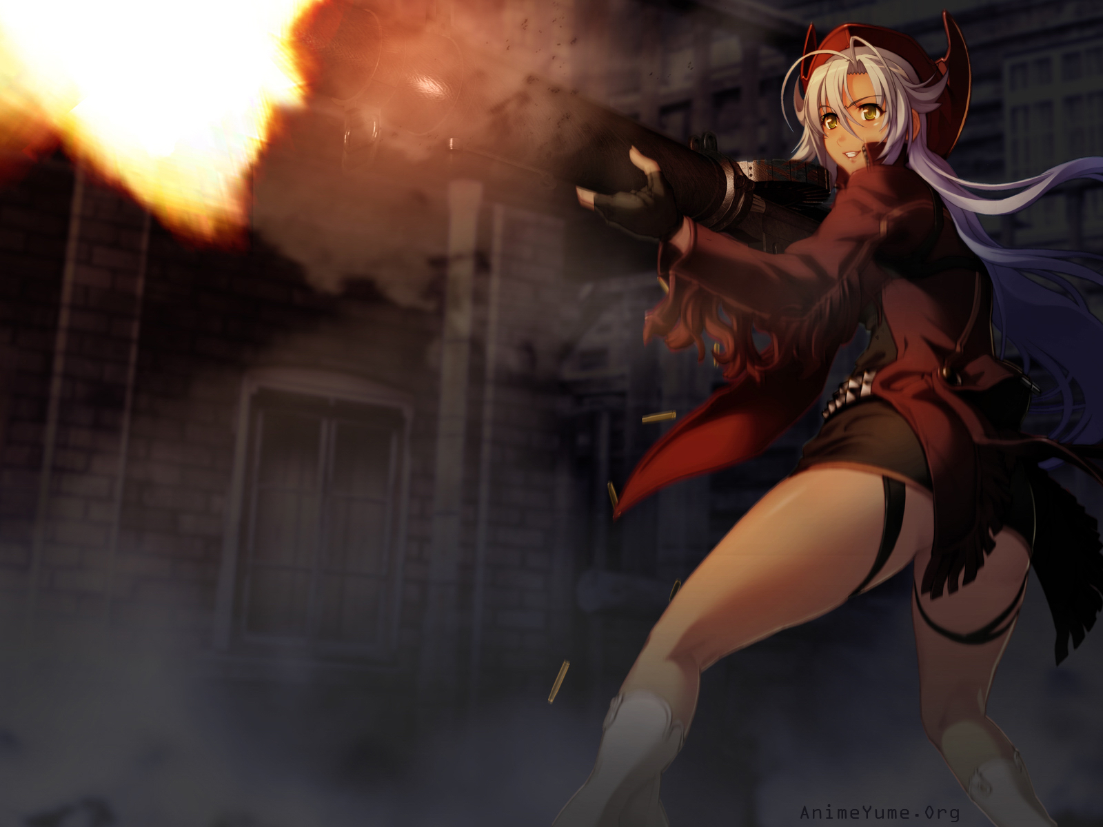 nishii (damnedrive), franco il nero, nitroplus, zoku satsuriku no django, highres, 1girl, 3d, belt, boots, bullet, cowboy western, drum magazine, female focus, firing, fringe trim, gun, hat, high-capacity magazine, holding, holding gun, holding weapon, lewis gun, light machine gun, long hair, machine gun, magazine (weapon), pan magazine, pointy ears, smile, solo, watermark, weapon, white hair, yellow eyes