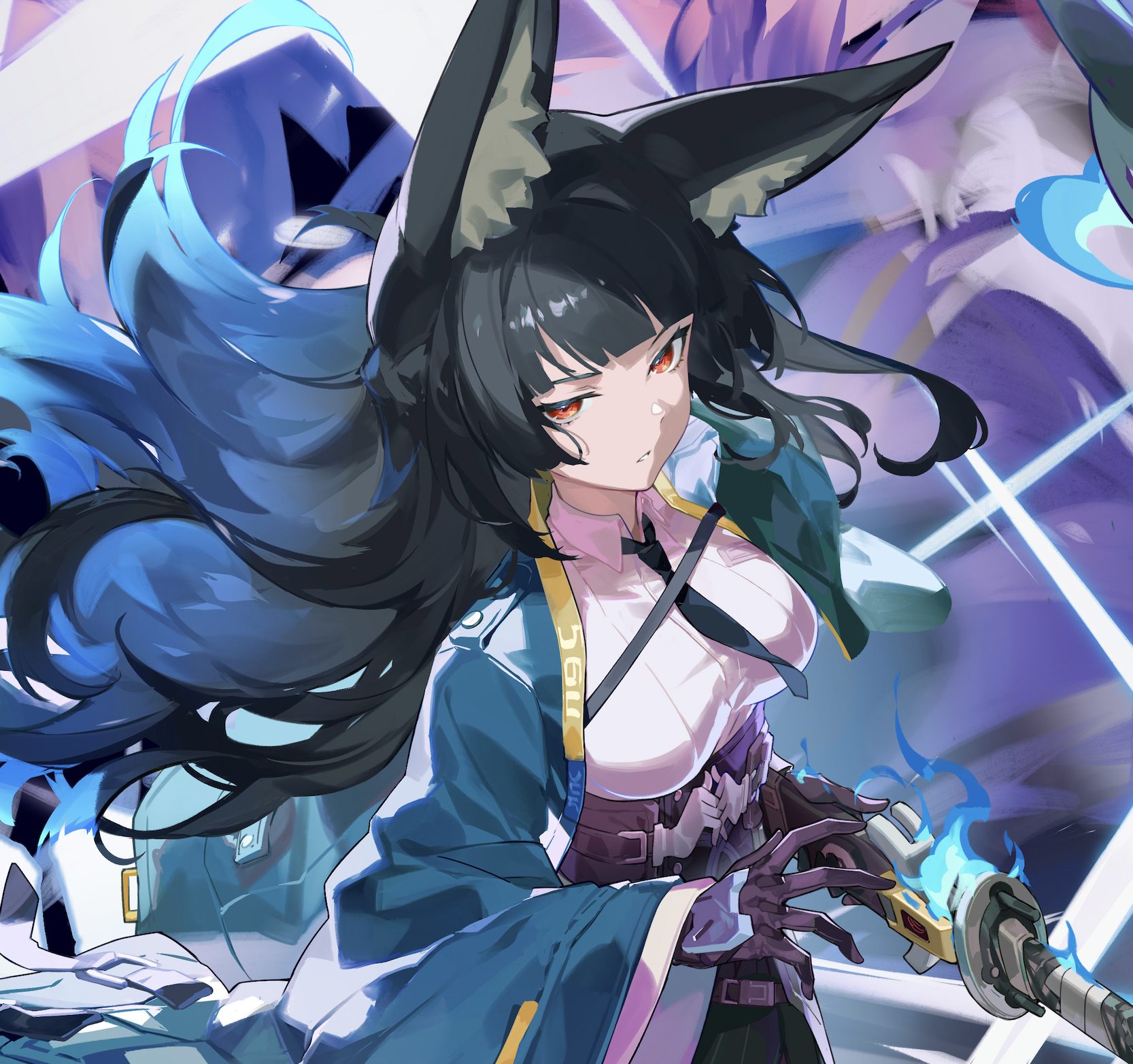 hoshimi miyabi, zenless zone zero, commentary request, highres, 1girl, animal ears, black gloves, black hair, black necktie, bright pupils, closed mouth, fox ears, fox girl, gloves, green jacket, holding, holding sword, holding weapon, jacket, long hair, looking at viewer, necktie, red eyes, shirt, solo, sword, tameng official, very long hair, weapon, white pupils, white shirt