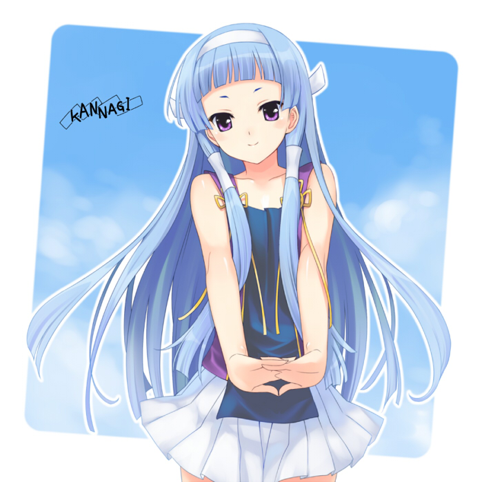 amano yuu, nagi, kannagi, 00s, 1girl, blue hair, blunt bangs, female focus, hair tubes, long hair, pleated skirt, purple eyes, skirt, solo, white skirt