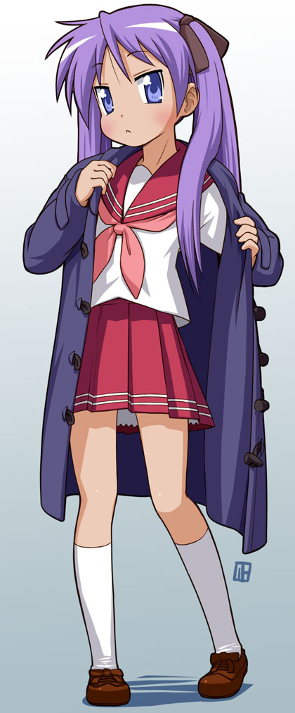 nagian, hiiragi kagami, lucky star, 00s, 1girl, coat, female focus, full body, gradient background, grey background, long hair, purple eyes, purple hair, school uniform, serafuku, skirt, solo, standing, toggles, twintails