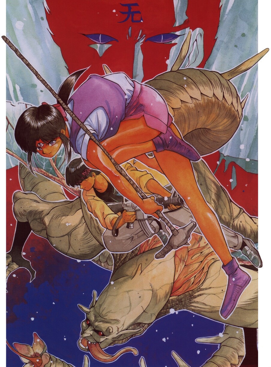 takada yuuzou, benares, fujii yakumo, parvati iv, yakumo fuji, 3×3 eyes, highres, 1boy, 1girl, gun, headband, weapon