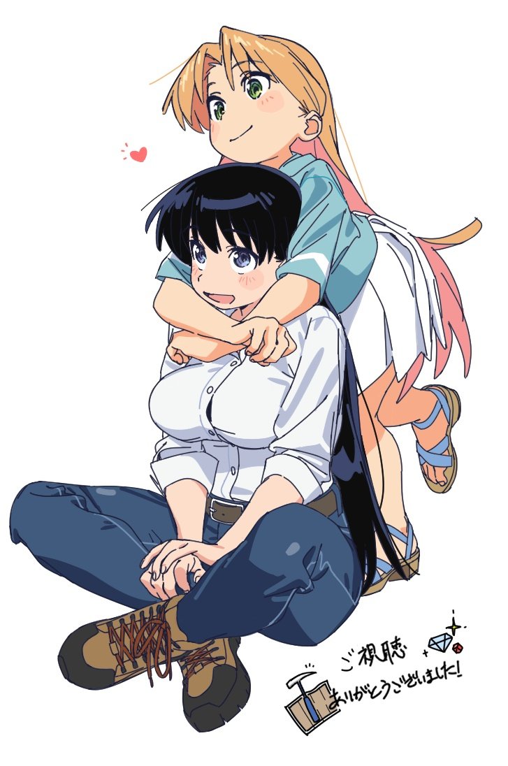 arato nagi, tanigawa ruri, ruri no houseki, commentary, translation request, 2girls, :d, bare legs, belt, black hair, blonde hair, blue eyes, blue pants, blue shirt, blush, blush stickers, breasts, brown shoes, closed mouth, colored inner hair, denim, eyes visible through hair, gem, green eyes, heart, hug, hug from behind, indian style, jeans, jeen (t xnpr), large breasts, leaning forward, long hair, long sleeves, medium skirt, multicolored hair, multiple girls, open mouth, own hands together, pants, parted bangs, pink hair, pleated skirt, sand, shirt, shirt tucked in, shoes, short sleeves, simple background, sitting, skirt, sleeves rolled up, smile, sparkle, standing, standing on one leg, straight hair, two-tone hair, v arms, white background, white shirt, white skirt