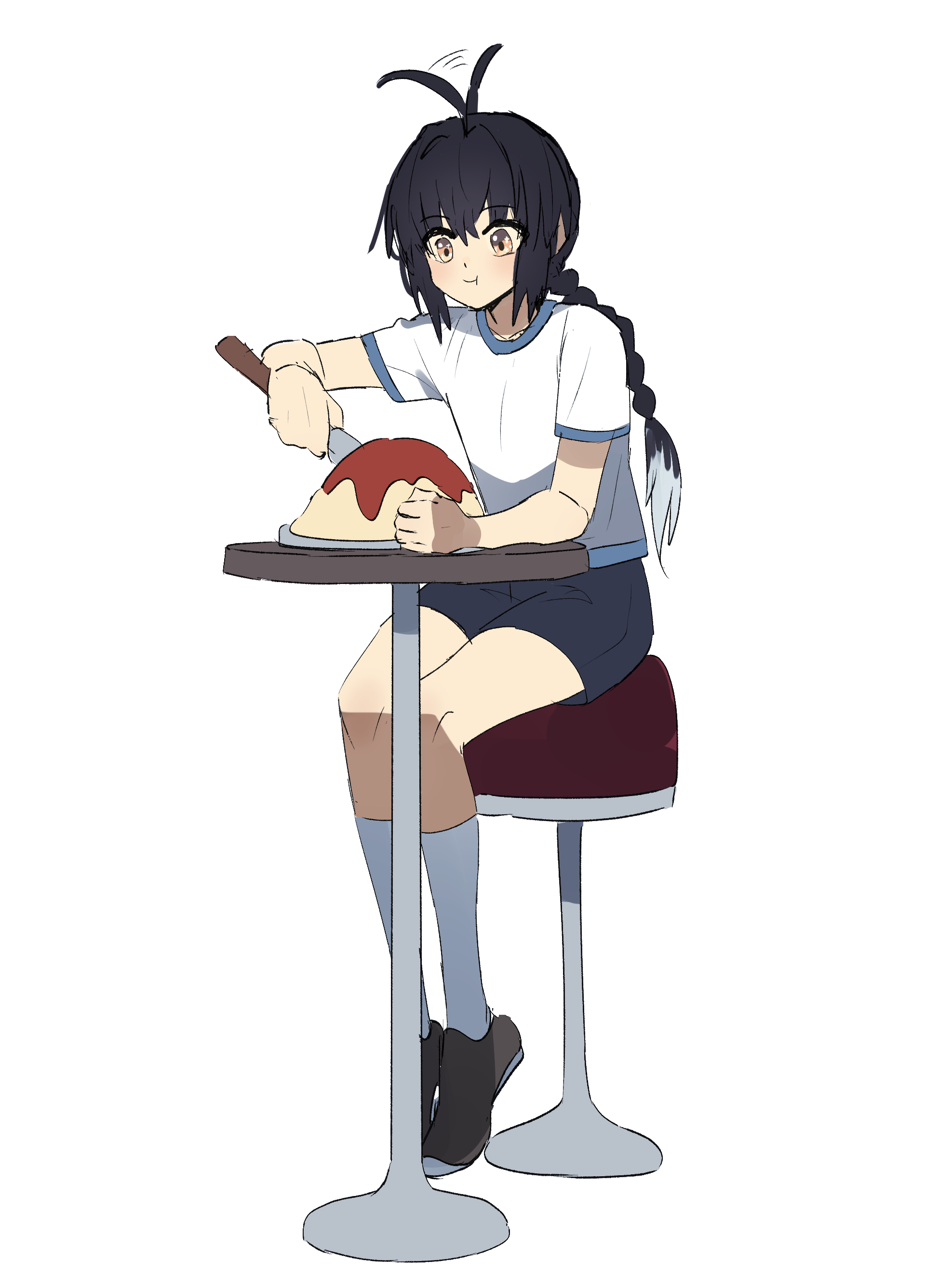 ninjin (ne f g o), yamato takeru (fate), fate/samurai remnant, fate (series), absurdres, commentary request, highres, 1other, afterimage, ahoge, ahoge wag, black hair, black shoes, braid, brown eyes, closed mouth, curry, eating, expressive hair, eyes visible through hair, food, food in mouth, full body, hair between eyes, holding, hungry, light blush, long hair, motion lines, multicolored hair, other focus, shirt, shoes, shorts, simple background, sitting, socks, solo, sparkling eyes, stool, t-shirt, table, white background, white shirt, yellow eyes