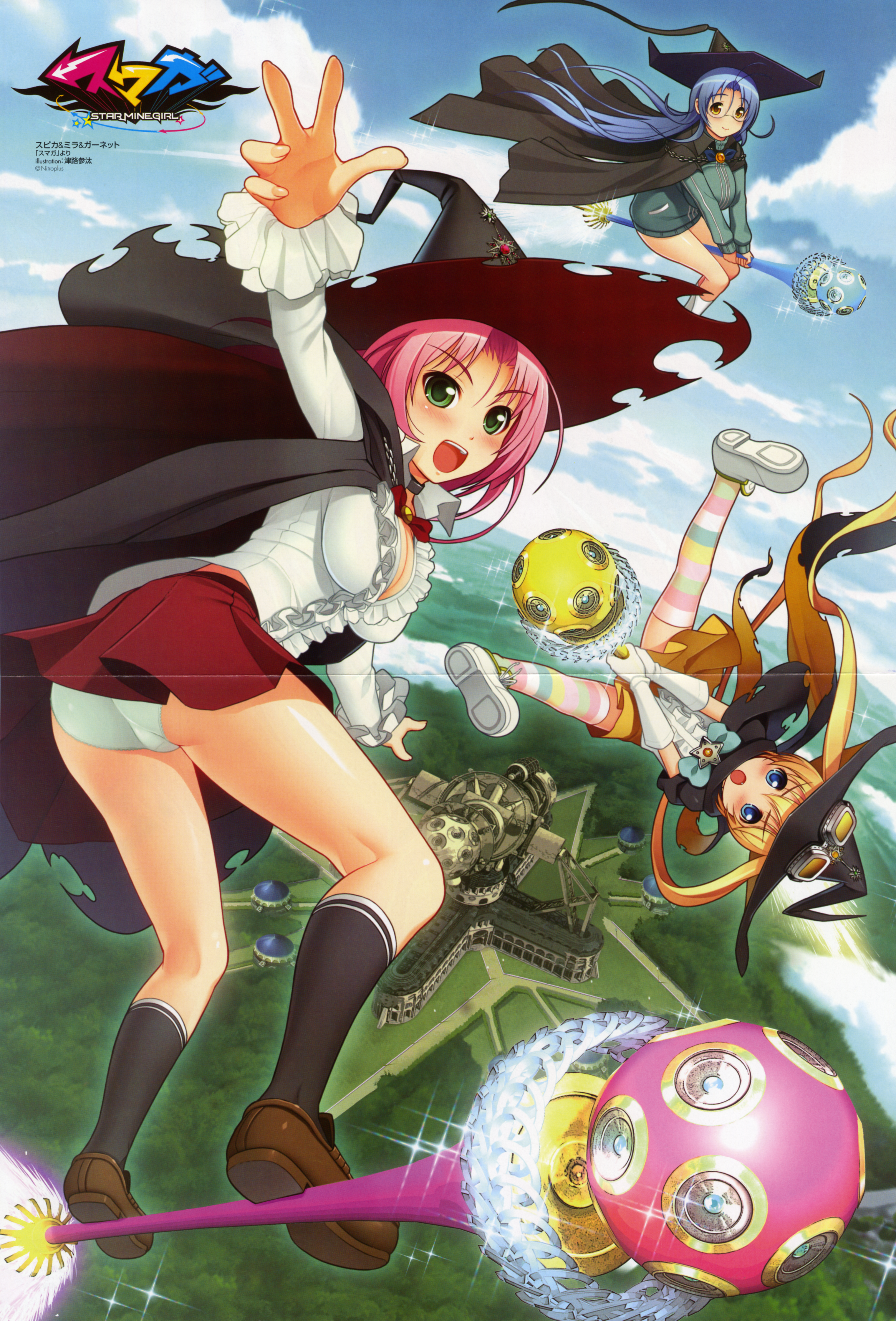 tsuji santa, garnet (sumaga), mira (sumaga), spica (sumaga), nitroplus, sumaga, absurdres, highres, huge filesize, ass, blonde hair, blue hair, breasts, cape, goggles, hat, large breasts, long hair, panties, pantyshot, pink hair, staff, surfing, thighhighs, twintails, underwear, upskirt, witch, witch hat, wizard hat