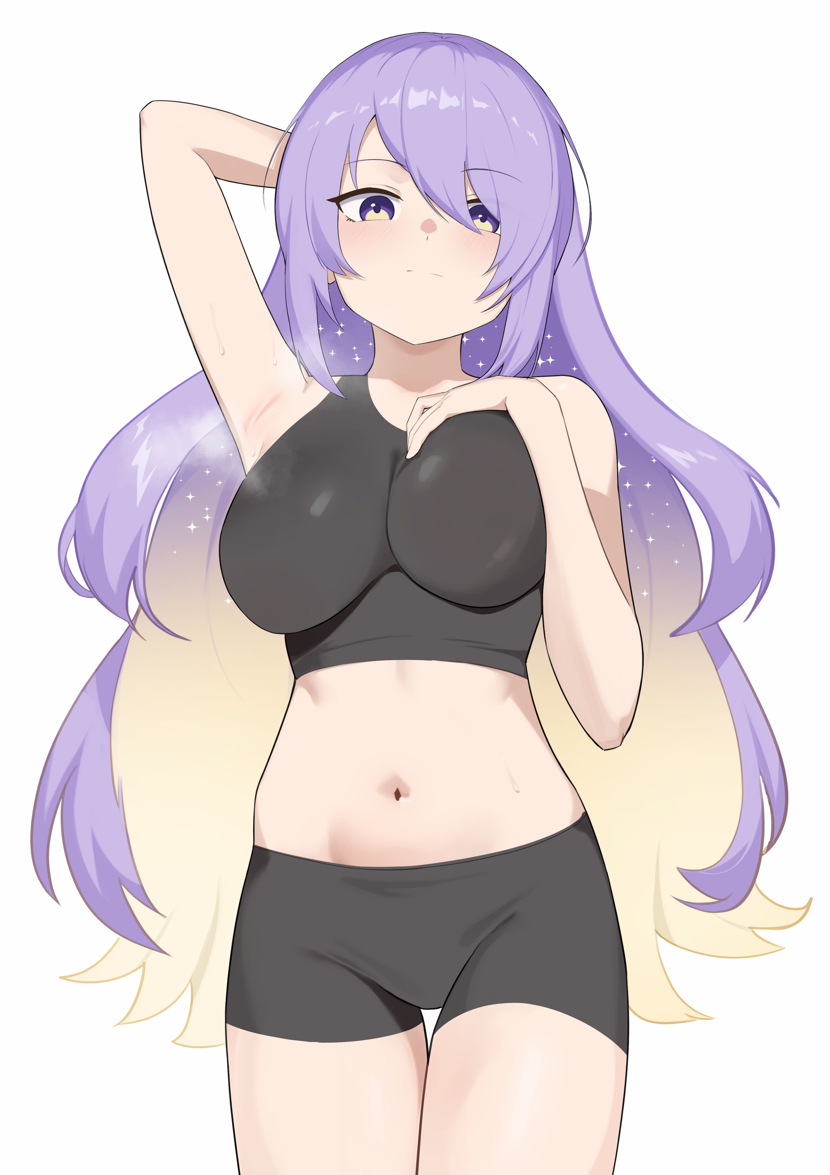 shift (shiftillust), moona hoshinova, moona hoshinova (1st costume), hololive, hololive indonesia, absurdres, commentary, english commentary, highres, 1girl, arm behind head, armpits, black eyes, black shorts, blonde hair, breasts, colored inner hair, cowboy shot, crop top, hand on own chest, large breasts, looking at viewer, midriff, multicolored hair, navel, purple eyes, purple hair, short shorts, shorts, simple background, smile, solo, thigh gap, two-tone hair, virtual youtuber, white background