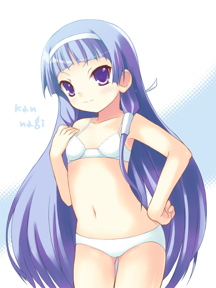 safi, nagi, kannagi, 00s, blue hair, blunt bangs, flat chest, hairband, long hair, purple eyes, solo