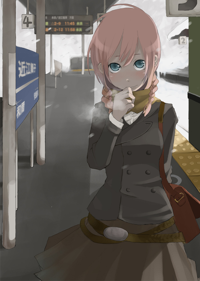 tansuke, takagi (tansuke), original, 1girl, bag, belt, blazer, blue eyes, blush, braid, female focus, hair over shoulder, jacket, pink hair, scarf, skirt, solo, tactile paving, train station, twin braids, winter