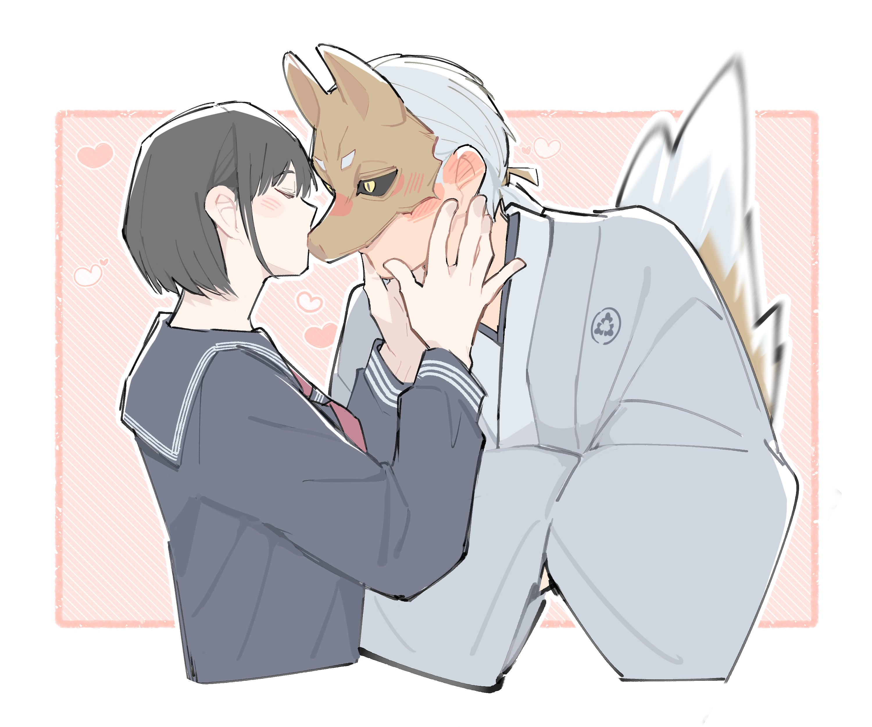 xinhao, fox mask (silent hill), shimizu hinako, silent hill (series), silent hill f, absurdres, highres, 1boy, 1girl, black hair, black sailor collar, black sclera, black serafuku, blush, colored sclera, fox mask, fox tail, hands in opposite sleeves, kissing mask, low ponytail, mask, neckerchief, ponytail, red neckerchief, robe, sailor collar, school uniform, serafuku, tail, white hair, white robe