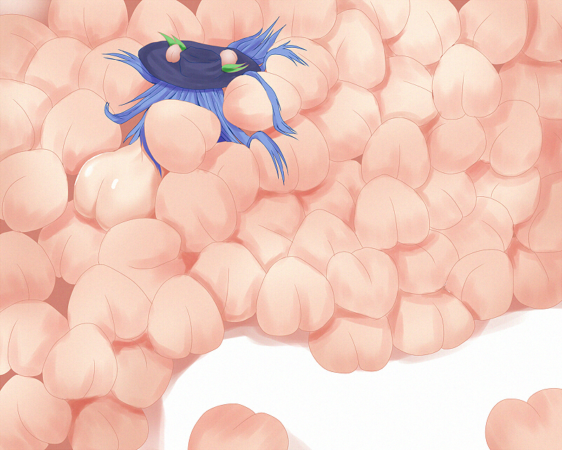 blastbeat, hinanawi tenshi, touhou, bad id, bad pixiv id, 1girl, ass, blue hair, female focus, food, fruit, hat, long hair, nude, odd one out, peach, solo