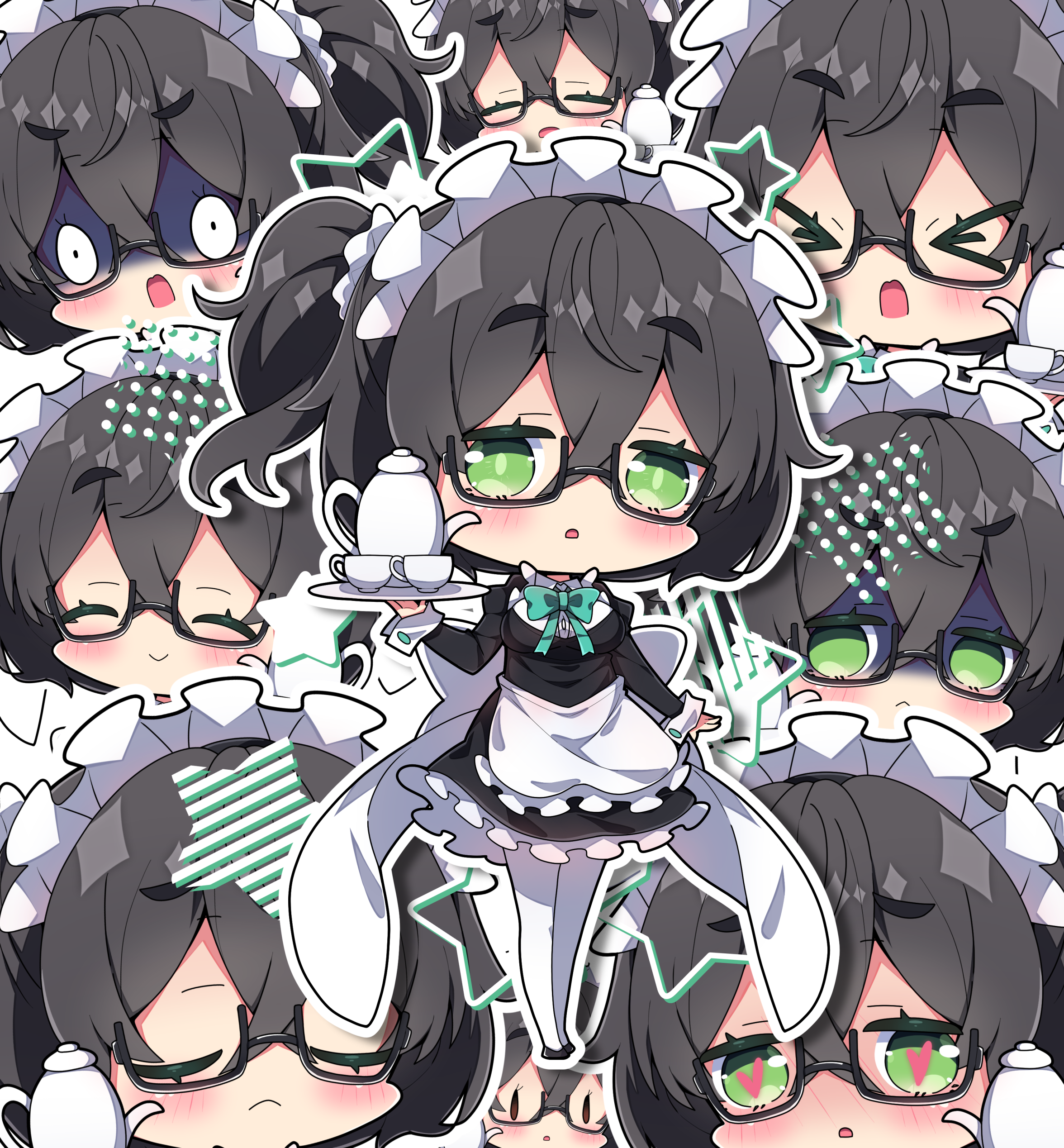milkpanda, hanakuma chifuyu, cevio, synthesizer v, absurdres, commentary, highres, > <, 1girl, alternate costume, apron, black-framed eyewear, black dress, black hair, blush, bow, bowtie, closed eyes, closed mouth, crossed bangs, cup, double-parted bangs, dress, empty eyes, enmaided, frilled apron, frilled dress, frills, full body, glasses, green bow, green bowtie, green eyes, hair between eyes, heart, heart-shaped pupils, holding, holding plate, juliet sleeves, long sleeves, looking at viewer, maid, maid headdress, multiple views, nose blush, open mouth, outline, pantyhose, plate, ponytail, puffy sleeves, shaded face, shoes, short eyebrows, short hair, smile, standing, star (symbol), symbol-shaped pupils, teacup, teapot, thick eyebrows, waist apron, white apron, white outline, white pantyhose, white shoes
