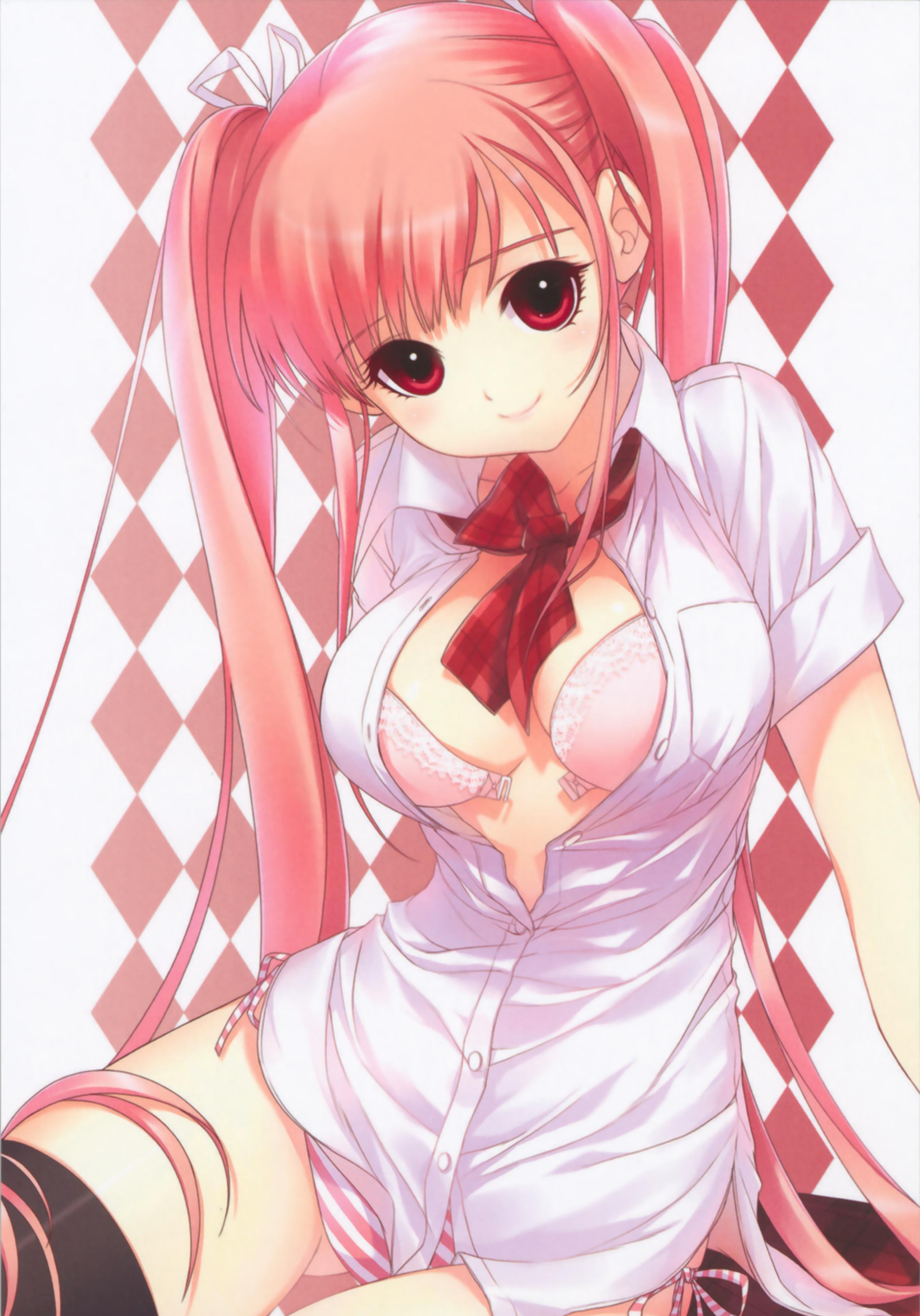 shirahane nao, absurdres, highres, 1girl, bra, breasts, female focus, hair ribbon, lingerie, long hair, open clothes, open shirt, panties, pink hair, red eyes, ribbon, shirt, solo, striped clothes, striped panties, thighhighs, twintails, underwear