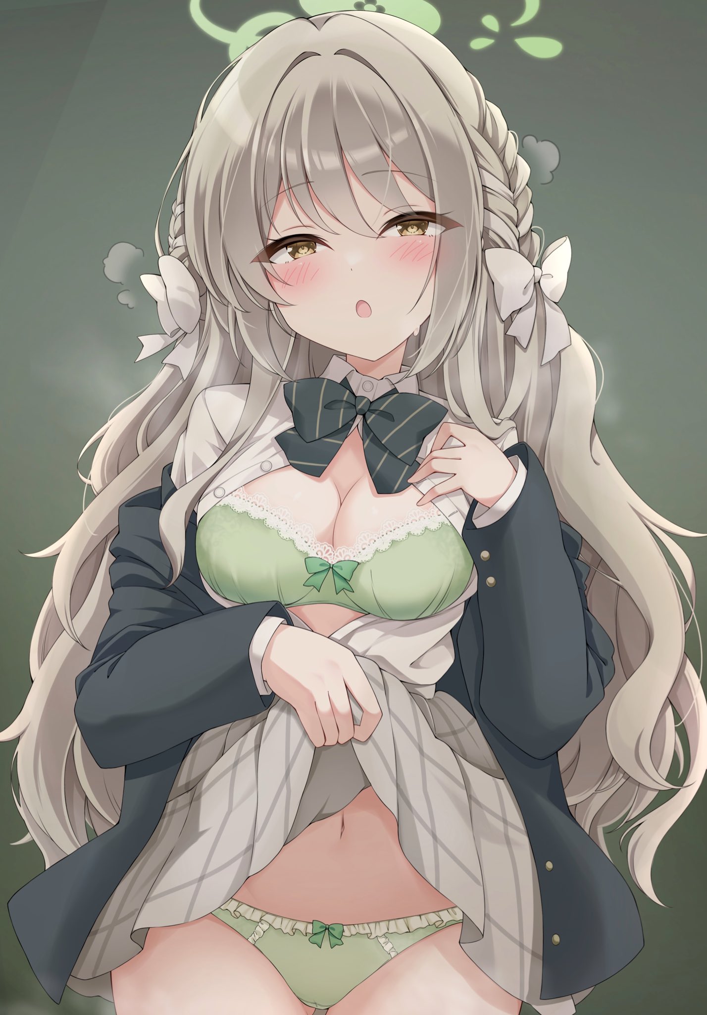 tenshoo, miyo (blue archive), blue archive, highres, 1girl, blush, bow, bowtie, bra, braid, breasts, cleavage, clothes lift, cowboy shot, green background, green bra, green halo, green panties, grey hair, grey skirt, hair bow, halo, heavy breathing, jacket, long hair, long sleeves, looking at viewer, navel, open clothes, open shirt, panties, partially unbuttoned, shirt, simple background, skirt, skirt lift, solo, striped bow, striped bowtie, striped clothes, underwear, white bow, white shirt