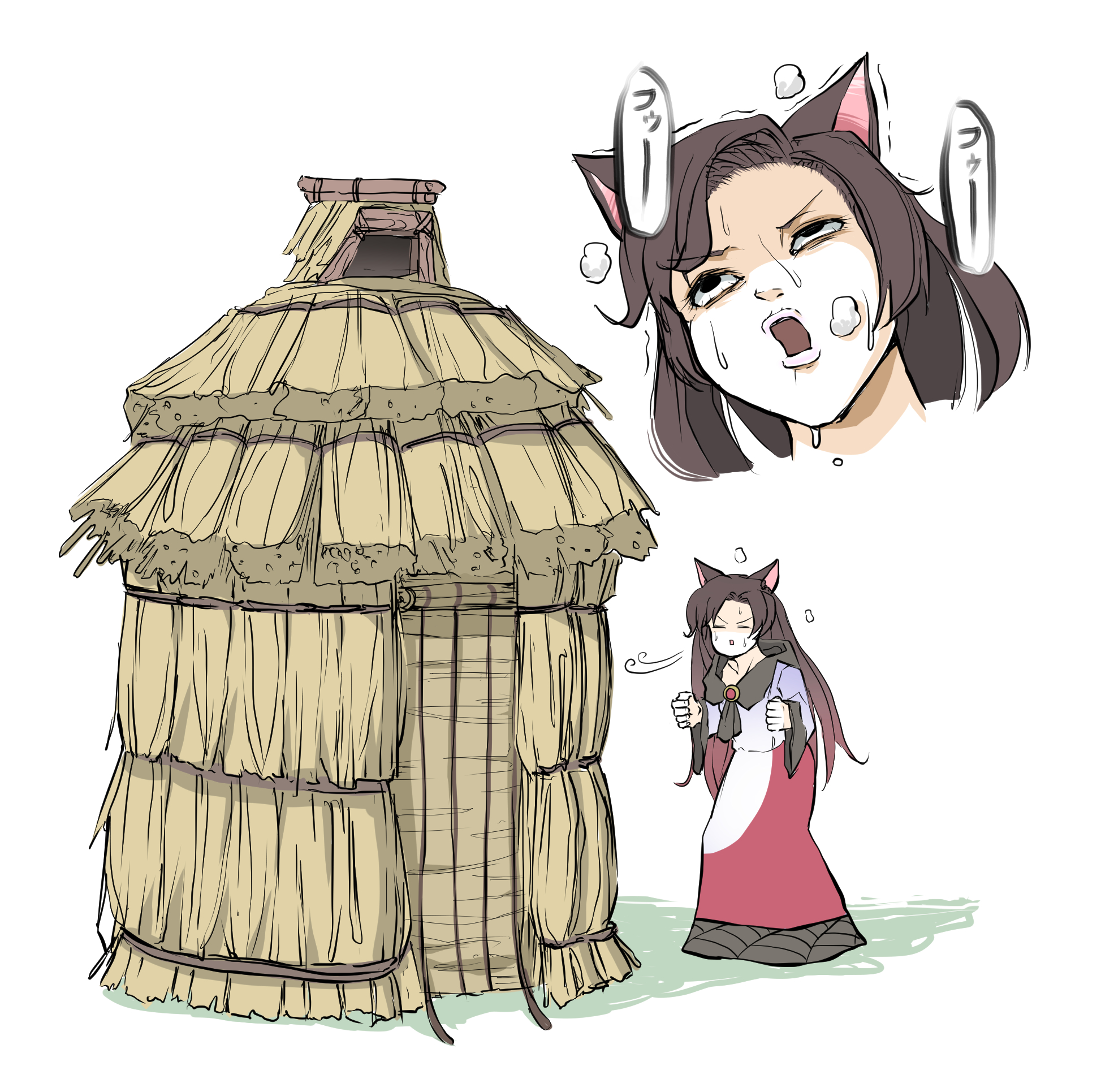 peroponesosu., imaizumi kagerou, three little pigs, touhou, highres, 1girl, animal ears, black eyes, blowing, brooch, brown hair, building, clenched hands, closed eyes, dress, dripping, gem, heavy breathing, house, jewelry, long hair, long sleeves, multicolored dress, nervous sweating, open mouth, projected inset, red dress, red gemstone, simple background, solo, straw (stalk), sweat, v-shaped eyebrows, white background, wolf ears