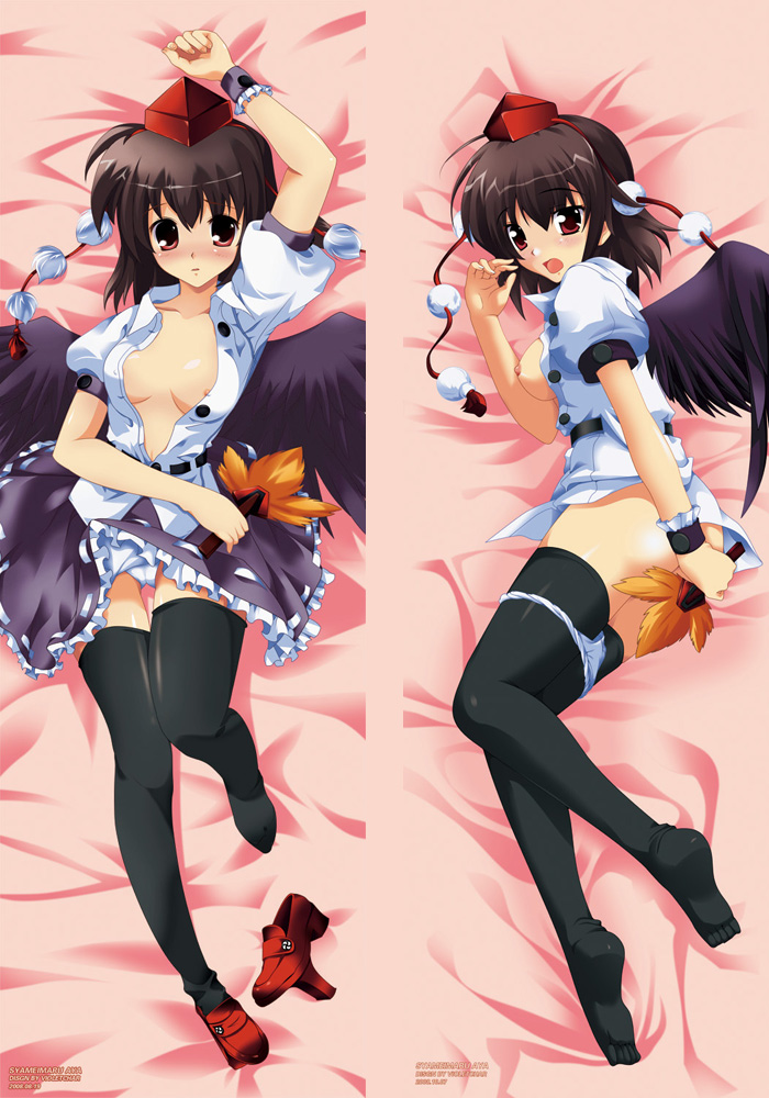 murasaki natsu, zixia (msl), shameimaru aya, touhou, 1girl, bed, black thighhighs, black wings, blush, breasts, breasts apart, brown hair, dakimakura (medium), feet, female focus, geta, hand fan, hat, legs, multiple views, nipples, open clothes, open shirt, panties, panty pull, pantyshot, red eyes, shirt, shoes, single shoe, skirt, socks, tengu-geta, thighhighs, underwear, undressing, wings