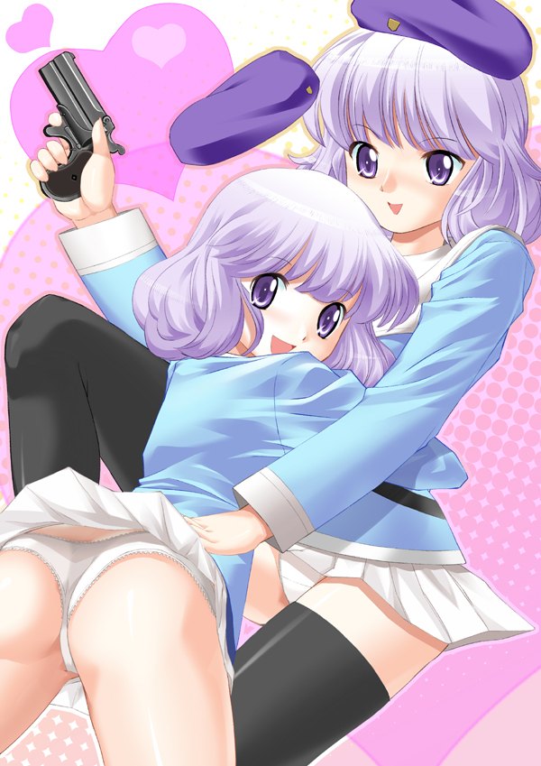 zouzou, sannomiya shiho, zettai karen children, 00s, 1girl, ass, beret, break-action pistol, derringer, double-barreled pistol, dual persona, female focus, gun, handgun, hat, multiple-barrel gun, over-and-under-barreled pistol, panties, pistol, pocket pistol, solo, thighhighs, time paradox, underwear, weapon