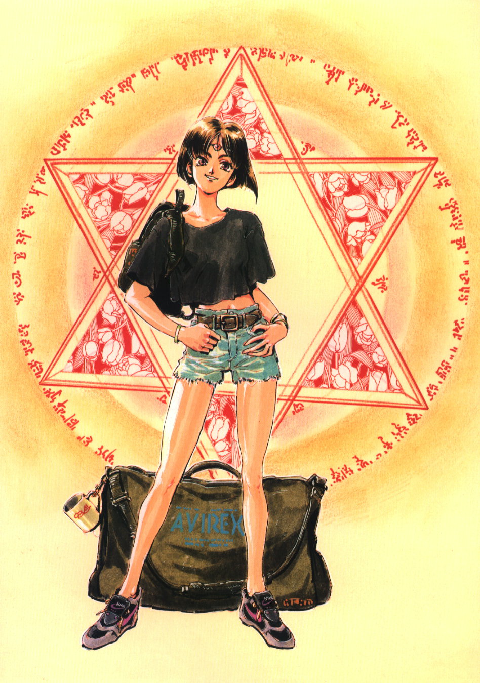 takada yuuzou, natsuko asai, 3×3 eyes, highres, official art, 1girl, brown hair, denim, denim shorts, female focus, forehead jewel, hexagram, midriff, shorts, solo, star of david