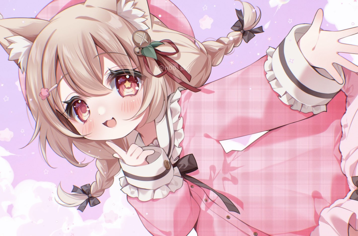 gau (n00 shi), hanamaru lily, original, commentary request, commission, skeb commission, 1girl, animal ear fluff, beret, black bow, black bowtie, blonde hair, bow, bowtie, braid, collared dress, dress, finger to cheek, hair between eyes, hair bow, hair ornament, hair ribbon, hairclip, hat, long hair, long sleeves, looking at viewer, mismatched pupils, open mouth, pink dress, pink hat, red eyes, red ribbon, ribbon, smile, solo, star-shaped pupils, star (symbol), star hair ornament, symbol-shaped pupils, twin braids