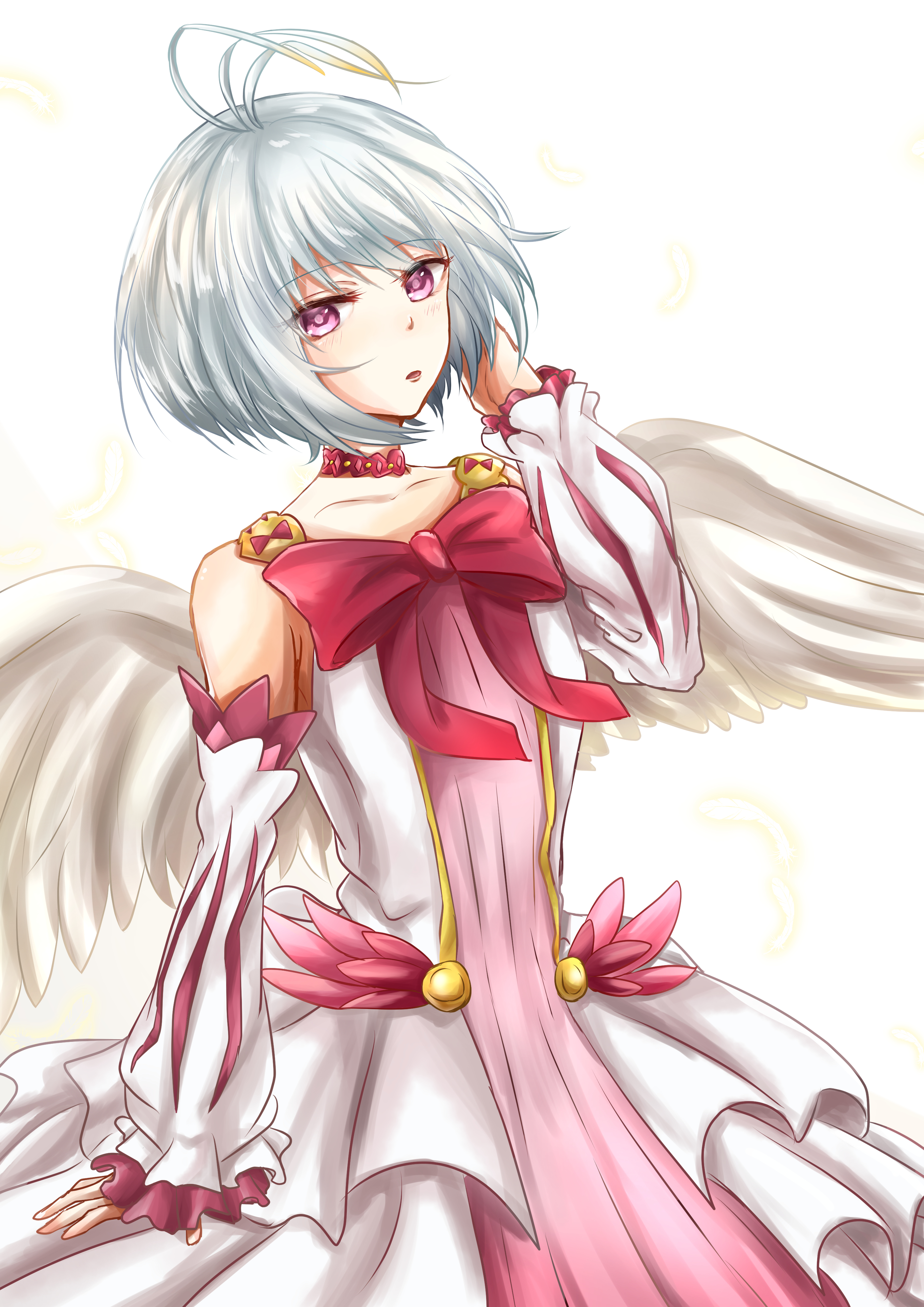 fitoria (tate no yuusha no nariagari), tate no yuusha no nariagari, absurdres, commentary request, highres, 1girl, antenna hair, bare shoulders, bird girl, bird wings, choker, collarbone, detached sleeves, dress, em raru8, eyelashes, feathered wings, flat chest, hand on own head, hand up, looking at viewer, medium hair, parted lips, pink choker, pink dress, pink eyes, pink sleeves, simple background, sleeves past wrists, solo, swept bangs, two-tone dress, two-tone sleeves, upper body, white background, white dress, white hair, white sleeves, white wings, wings