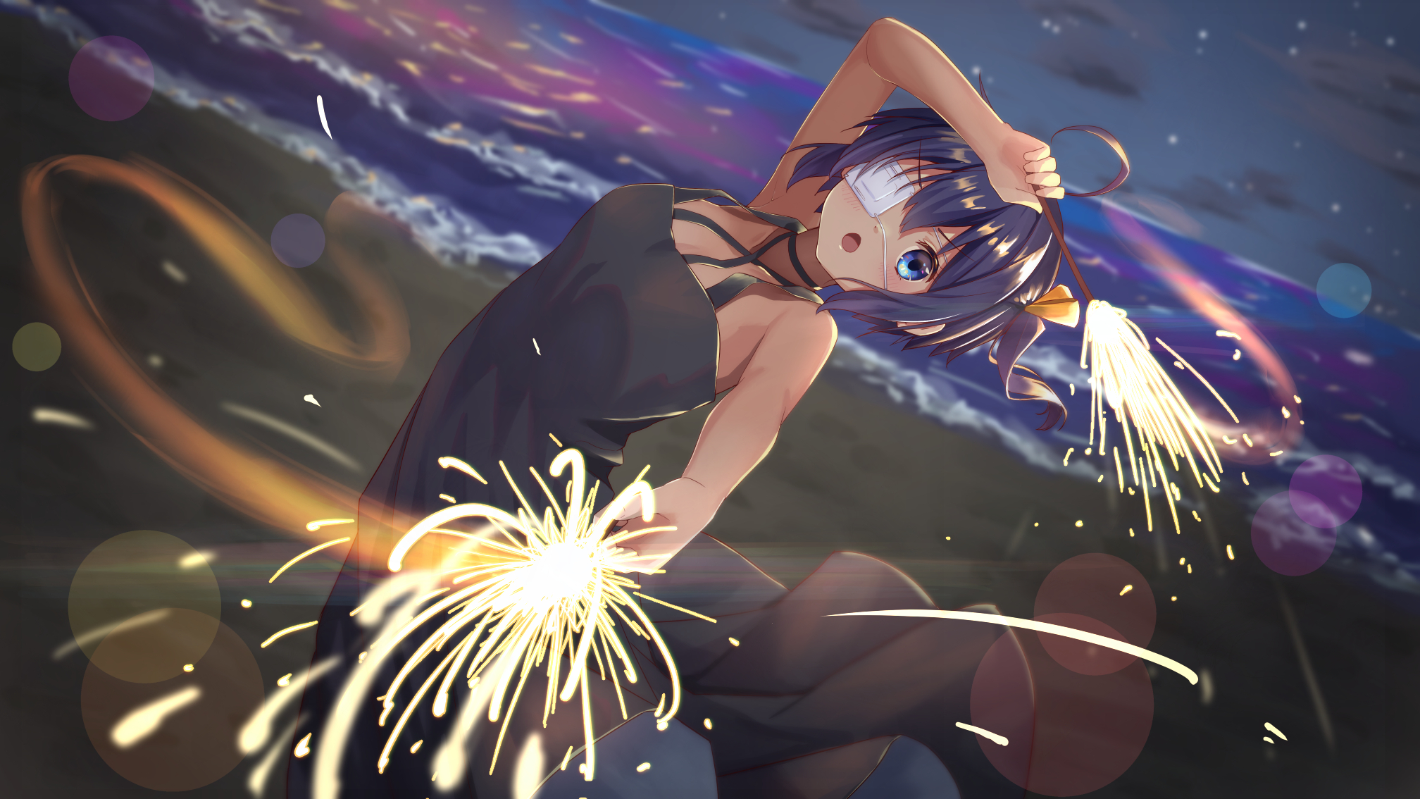 shikkoku no hono mikado, takanashi rikka, chuunibyou demo koi ga shitai!, highres, 1girl, :o, ahoge, bare shoulders, beach, black dress, blue eyes, breasts, dress, eyepatch, holding, holding fireworks, looking at viewer, medical eyepatch, one side up, open mouth, outdoors, ribbon, short hair, small breasts, solo, water, yellow ribbon