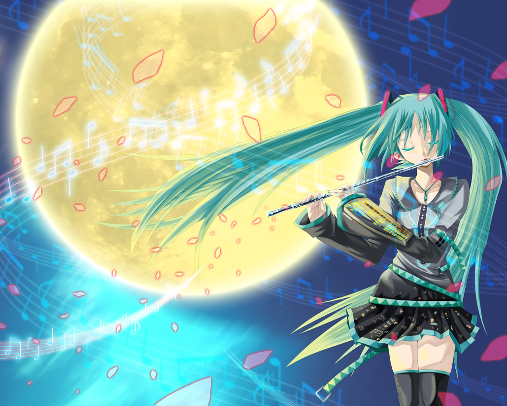 katou kouki, hatsune miku, vocaloid, 1girl, aqua hair, female focus, flute, instrument, long hair, moon, musical note, musical staff, petals, skirt, solo, thighhighs, twintails, zettai ryouiki