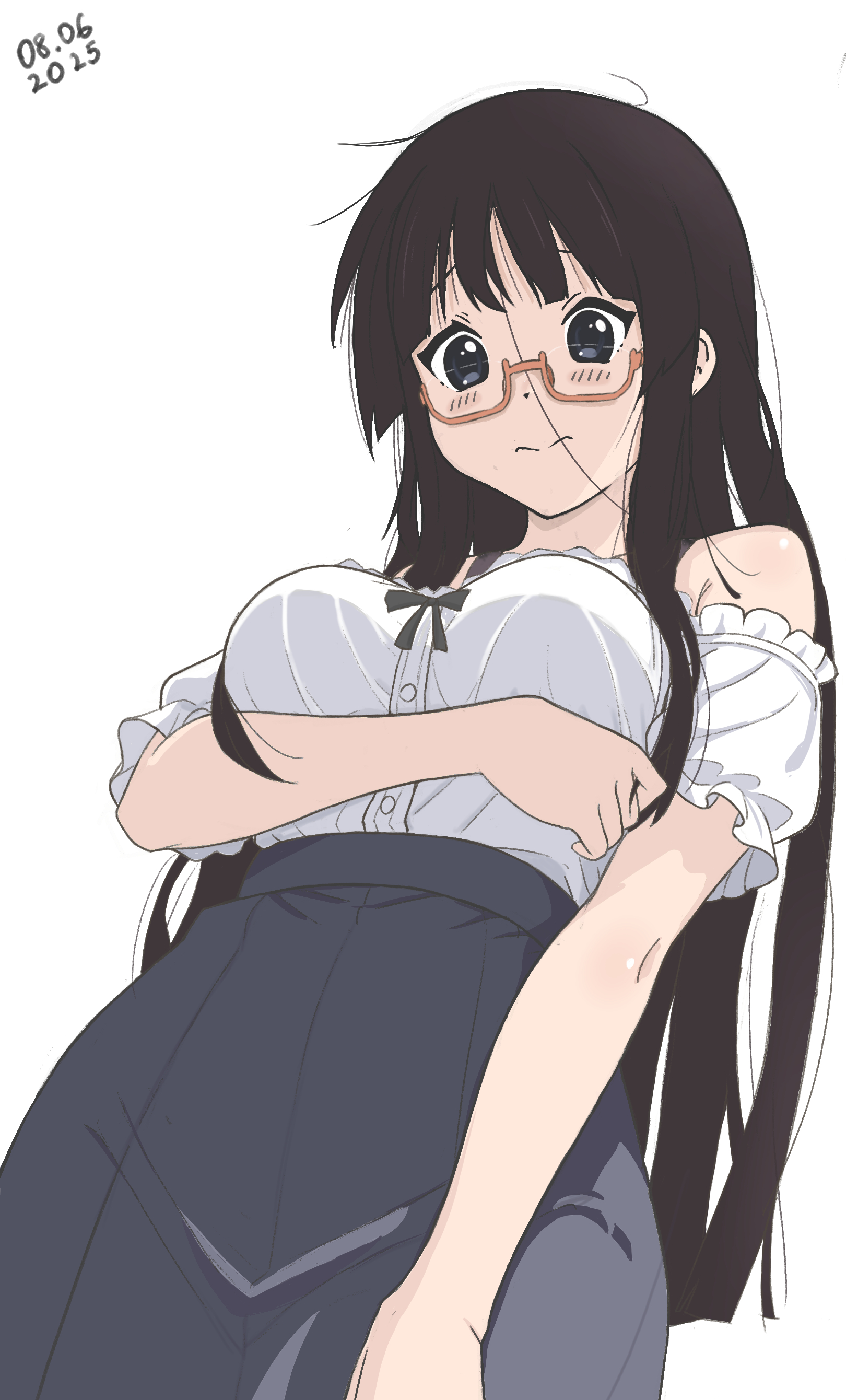 andreypavlow, akiyama mio, k-on!, absurdres, commentary, english commentary, highres, 1girl, alternate costume, arm under breasts, bare shoulders, bespectacled, black eyes, black hair, black skirt, blush, breasts, closed mouth, dated, from below, glasses, long hair, looking at viewer, looking down, medium breasts, off-shoulder shirt, off shoulder, pencil skirt, red-framed eyewear, semi-rimless eyewear, shirt, shirt tucked in, simple background, skirt, solo, under-rim eyewear, very long hair, white background, white shirt