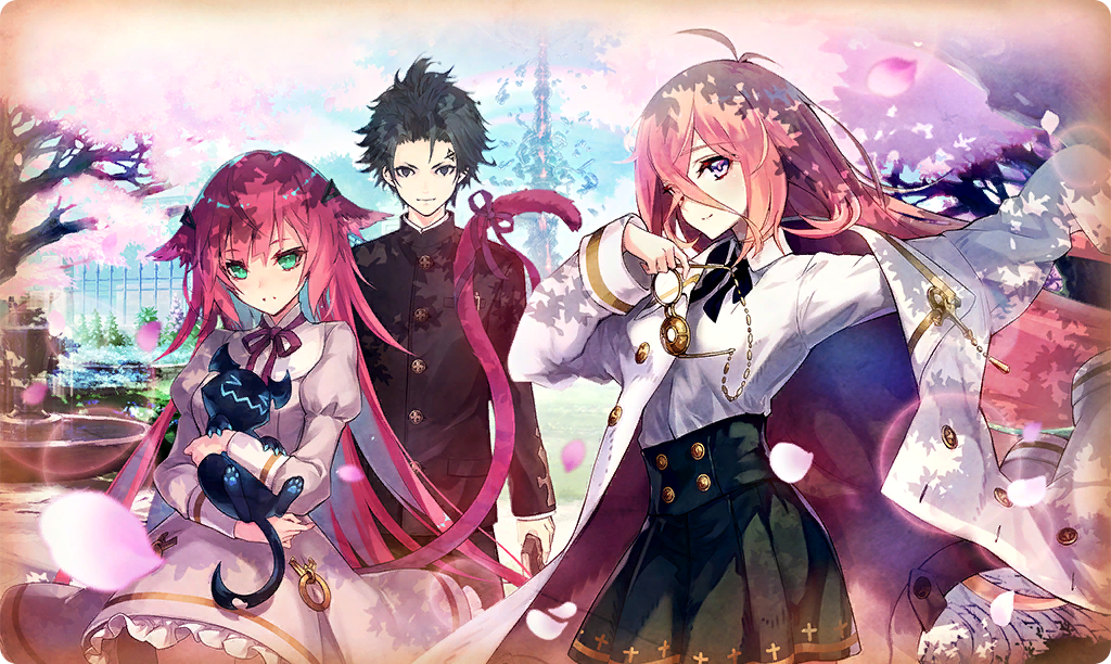 kaya (ta ga tame no alchemist), sol (ta ga tame no alchemist), zwei (ta ga tame no alchemist), ta ga tame no alchemist, commentary, official art, third-party source, 1boy, 2girls, antenna hair, black eyes, black hair, black jacket, black pants, black ribbon, blue sky, book, cherry blossoms, closed mouth, cloud, coat, collared coat, collared shirt, creature, crossed bangs, day, dress, dress shirt, facial mark, gakuran, green eyes, green skirt, hair between eyes, high-waist skirt, holding, holding book, holding creature, holding removed eyewear, jacket, juliet sleeves, long hair, long sleeves, looking at viewer, multiple girls, neck ribbon, official alternate costume, outdoors, pants, pink hair, pink petals, puffy sleeves, red ribbon, ribbon, school uniform, shirt, skirt, sky, smile, standing, unworn eyewear, white coat, white shirt