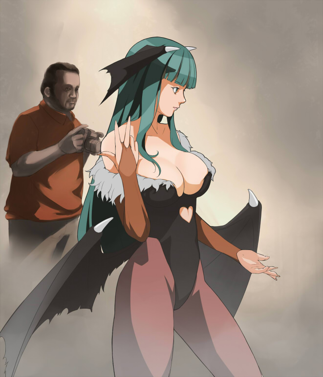 roony, morrigan aensland, capcom, darkstalkers, derivative work, photo-referenced, 1boy, 1girl, bat wings, breasts, cleavage, demon girl, elbow gloves, gloves, green hair, head wings, long hair, pantyhose, wings