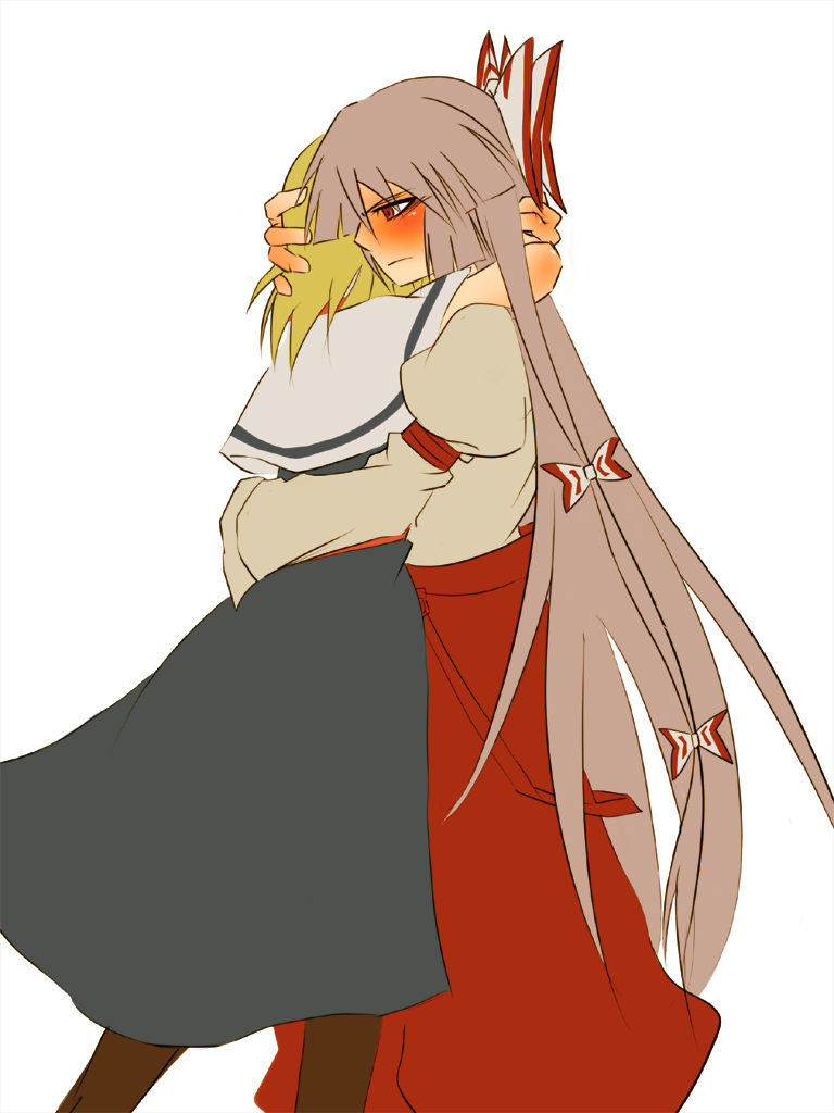makoto (pixiv), makoto jon, alice margatroid, fujiwara no mokou, touhou, 2girls, blunt sidelocks, blush, female focus, hug, multiple girls, pantyhose, sidelocks, yuri