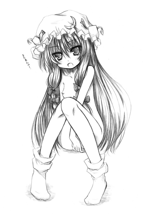 kurona, patchouli knowledge, touhou, photoshop (medium), 1girl, bow, breasts, crescent, crescent hat ornament, female focus, full body, greyscale, hair bow, hair ribbon, hat, hat ornament, long hair, monochrome, multiple hair bows, nipples, nude, ribbon, small breasts, socks, solo