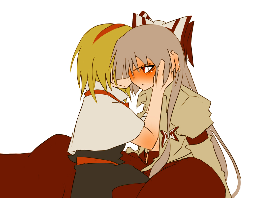 makoto (pixiv), makoto jon, alice margatroid, fujiwara no mokou, touhou, 2girls, blush, female focus, multiple girls, simple background, yuri