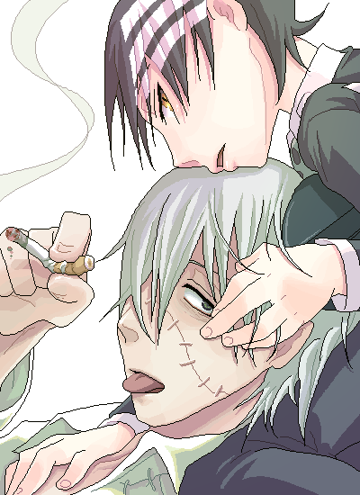 harukaumedaya, death the kid, franken stein (soul eater), soul eater, 00s, 2boys, cigarette, male focus, multiple boys, pin, scar, smoke, smoking, stitches, tongue, white background, yaoi