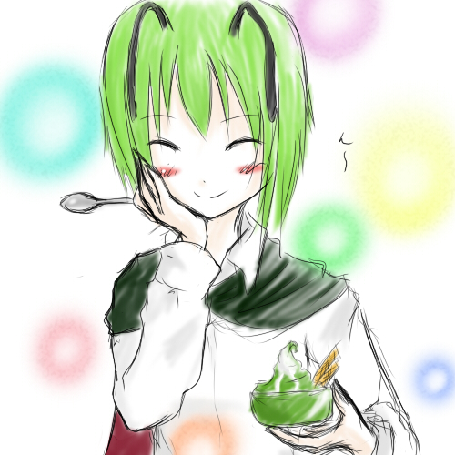 hakoniwa biino, hakoniwa biino (pixiv), wriggle nightbug, touhou, bad id, bad pixiv id, lowres, 1girl, antennae, blush, closed eyes, eating, female focus, food, green hair, holding, holding spoon, ice cream, solo, spoon