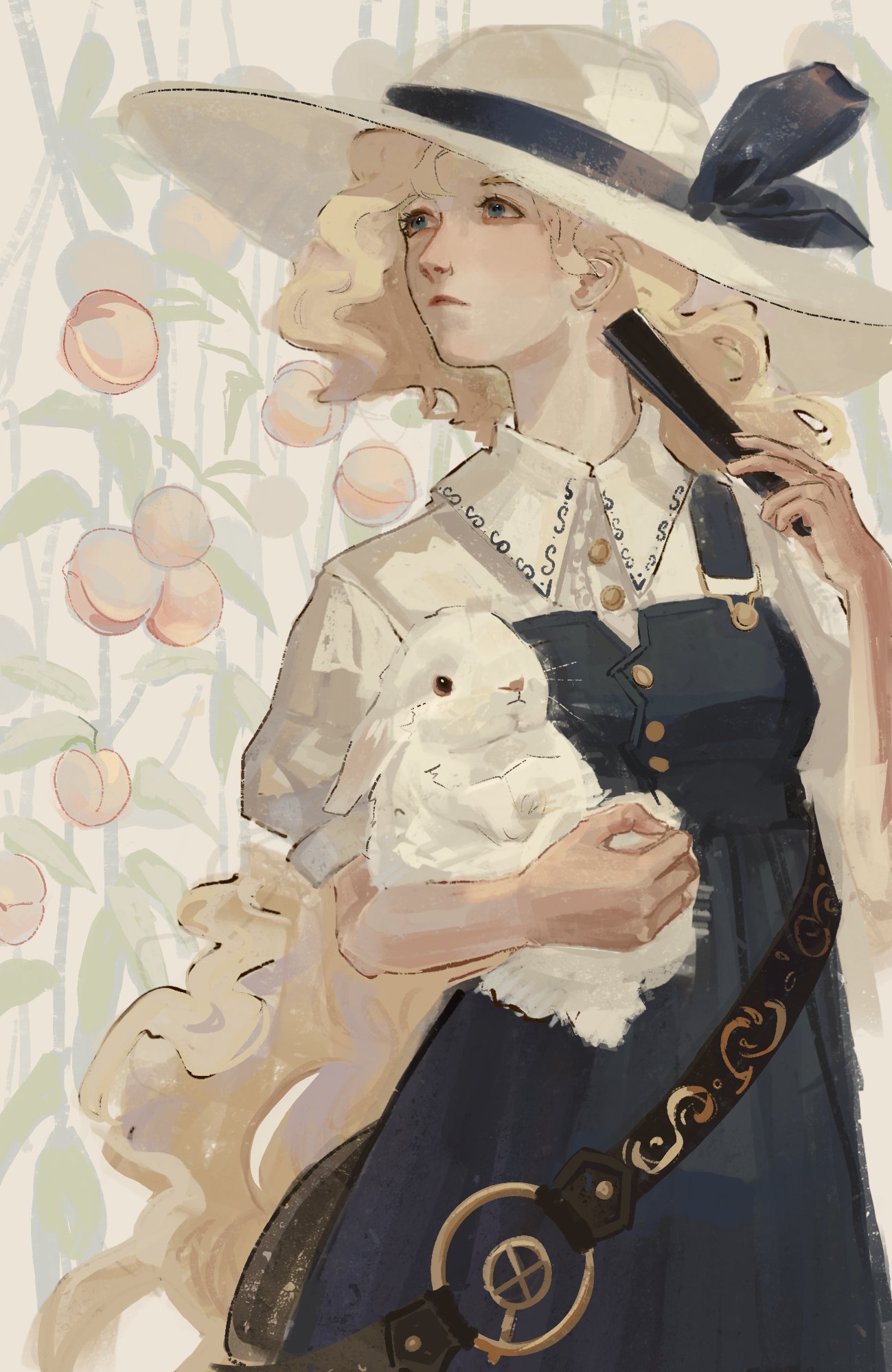 hatsburg, watatsuki no toyohime, touhou, hashtag-only commentary, highres, 1girl, animal, belt, black belt, blonde hair, blue dress, blue eyes, blue ribbon, buttons, collared shirt, cowboy shot, dress, folding fan, food, fruit, hand fan, hat, hat ribbon, holding, holding animal, holding fan, holding rabbit, long hair, looking ahead, looking up, peach, puffy short sleeves, puffy sleeves, rabbit, ribbon, shirt, short sleeves, solo, very long hair, white hat, white shirt