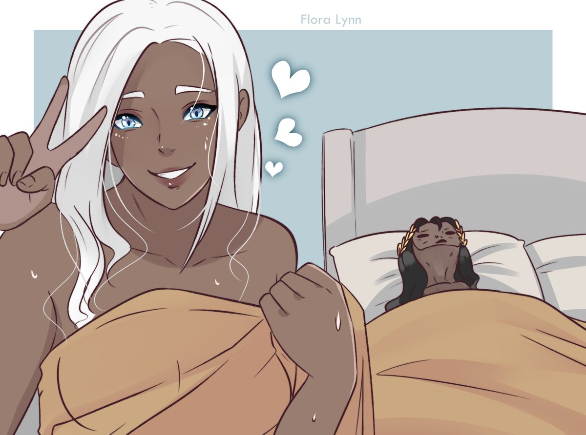 flower lynnn, emperor of mankind, erda (warhammer 40k), warhammer 40k, commentary, english commentary, 1boy, 1girl, aftersex, artist name, bed, bed sheet, blue background, blue eyes, breasts, brown hair, dark-skinned female, dark skin, grin, guy tired after sex (meme), heart, hetero, implied after sex, laurel crown, light-skinned palms, long hair, looking at viewer, medium breasts, meme, pillow, smile, tan, teeth, two-tone background, v, white background, white hair