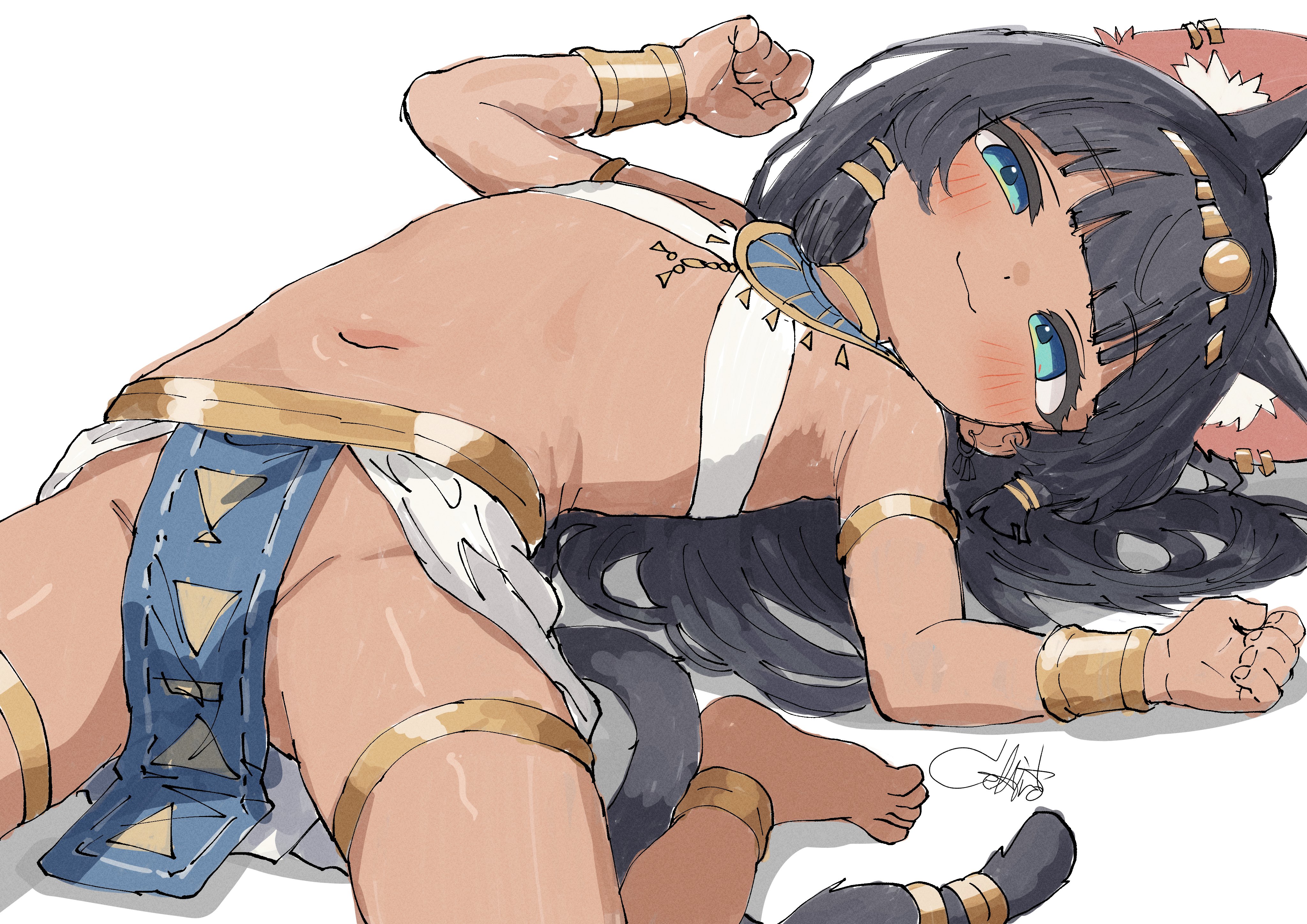 delfino, original, gold armlet, narrow hips, absurdres, highres, 1girl, :3, ancient egyptian clothes, animal ear fluff, animal ear piercing, animal ears, anklet, armlet, armpits, bare arms, bare legs, bare shoulders, barefoot, belt, black hair, black tail, blue eyes, blunt bangs, blush, bracelet, cat ears, cat girl, cat tail, clenched hands, closed mouth, dark-skinned female, dark skin, dot nose, flat chest, flexible, gold, gold anklet, gold belt, gold bracelet, gold thighlet, gold tiara, groin, hair ornament, hairclip, if you want to become a godly artist (trend), jewelry, loincloth, long hair, looking to the side, lying, multiple piercings, navel, neck ring, no panties, on back, parallel hairclips, pelvic curtain, shadow, shendyt, shiny skin, signature, simple background, sitting, sling bikini top, smile, solo, spread legs, stomach, tail, tail ornament, tail ring, thighlet, tiara, toes, triangle print, usekh collar, w arms, wariza, white background