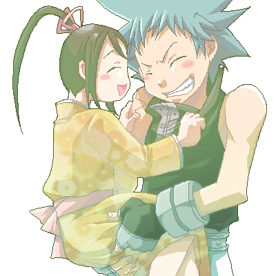 harukaumedaya, black star, nakatsukasa tsubaki, soul eater, lowres, 00s, 1boy, 1girl, :d, ^ ^, bare shoulders, black hair, blue hair, carrying, closed eyes, floral print, grin, japanese clothes, kimono, long sleeves, open mouth, pin, ponytail, short hair, simple background, size difference, smile, spiked hair, teeth, upper body, vest, white background