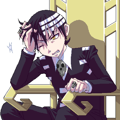 harukaumedaya, death the kid, soul eater, lowres, 00s, 1boy, black eyes, black hair, formal clothes, holding detached head, injury, jaggy lines, long sleeves, male focus, pants, pin, shaded face, sitting, skull, solo, suit, sweatdrop, throne