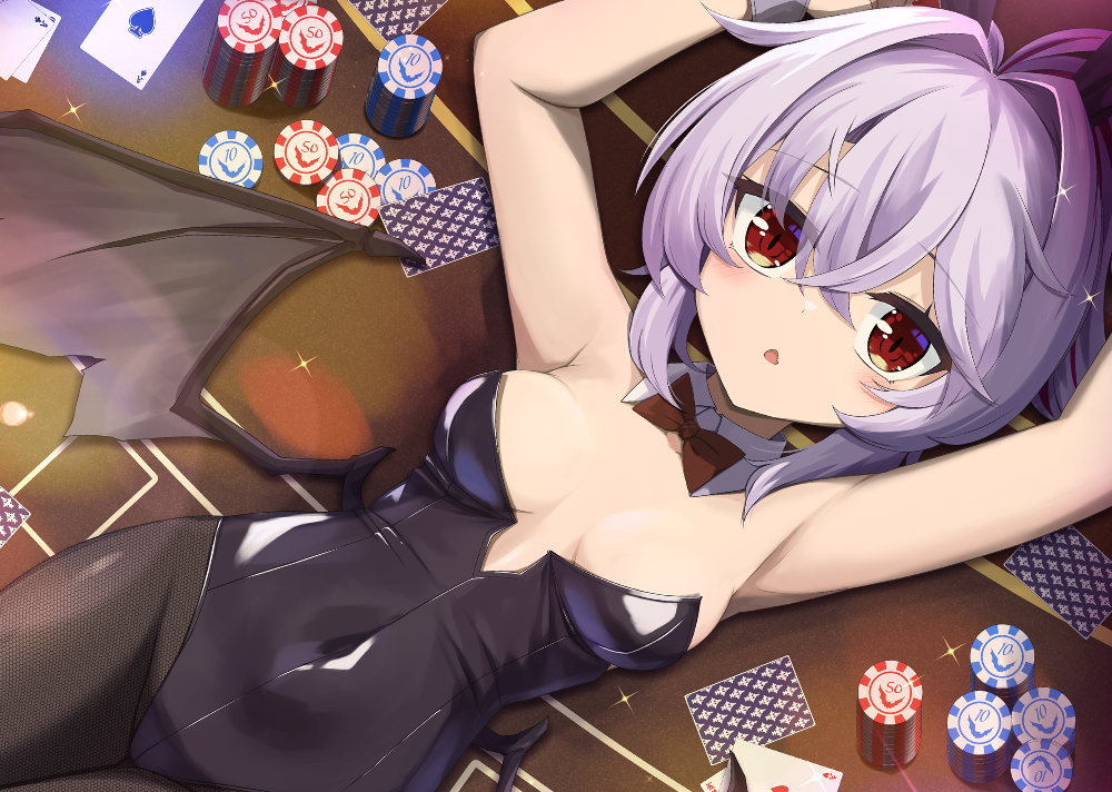 akisome hatsuka, remilia scarlet, touhou, 1girl, ace (playing card), ace of hearts, ace of spades, alternate costume, bat wings, black leotard, black pantyhose, breasts, card, casino card table, covered navel, detached collar, hair between eyes, hair intakes, heart, leotard, looking at viewer, lying, on back, pantyhose, playing card, poker chip, red eyes, short hair, small breasts, solo, spade (shape), strapless, strapless leotard, table, triangle mouth, wings, wrist cuffs