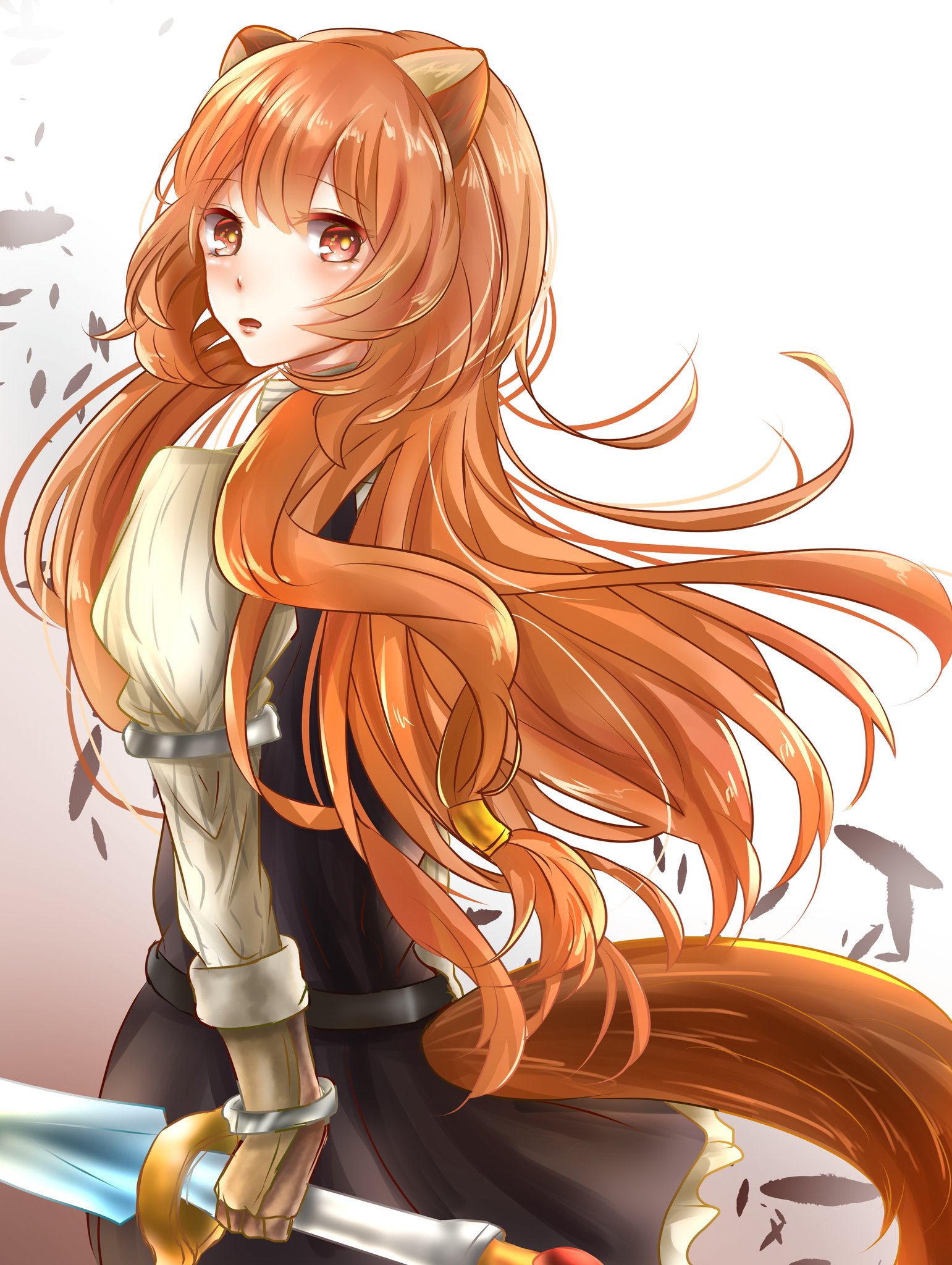 raphtalia, tate no yuusha no nariagari, commentary request, highres, 1girl, animal ears, armored gloves, black dress, brown gloves, brown hair, collared dress, cowboy shot, double-parted bangs, dress, elbow gloves, em raru8, floating hair, from side, gloves, gradient background, hair between eyes, hair tubes, high collar, holding, holding sword, holding weapon, layered dress, light blush, long hair, long sleeves, looking at viewer, looking to the side, metal arm cuffs, metal wrist cuffs, open mouth, raccoon ears, raccoon girl, raccoon tail, red eyes, short dress, sleeveless, sleeveless dress, solo, sword, tail, weapon, white dress
