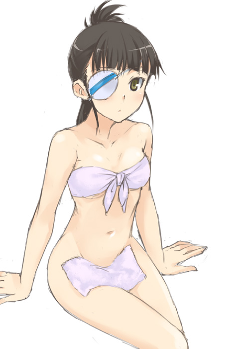 mizuki makoto, sakamoto mio, strike witches, world witches series, 00s, 1girl, alternate hairstyle, bikini, bottomless, eyepatch, female focus, simple background, sitting, solo, swimsuit, towel, towel around breasts, towel on legs, white background
