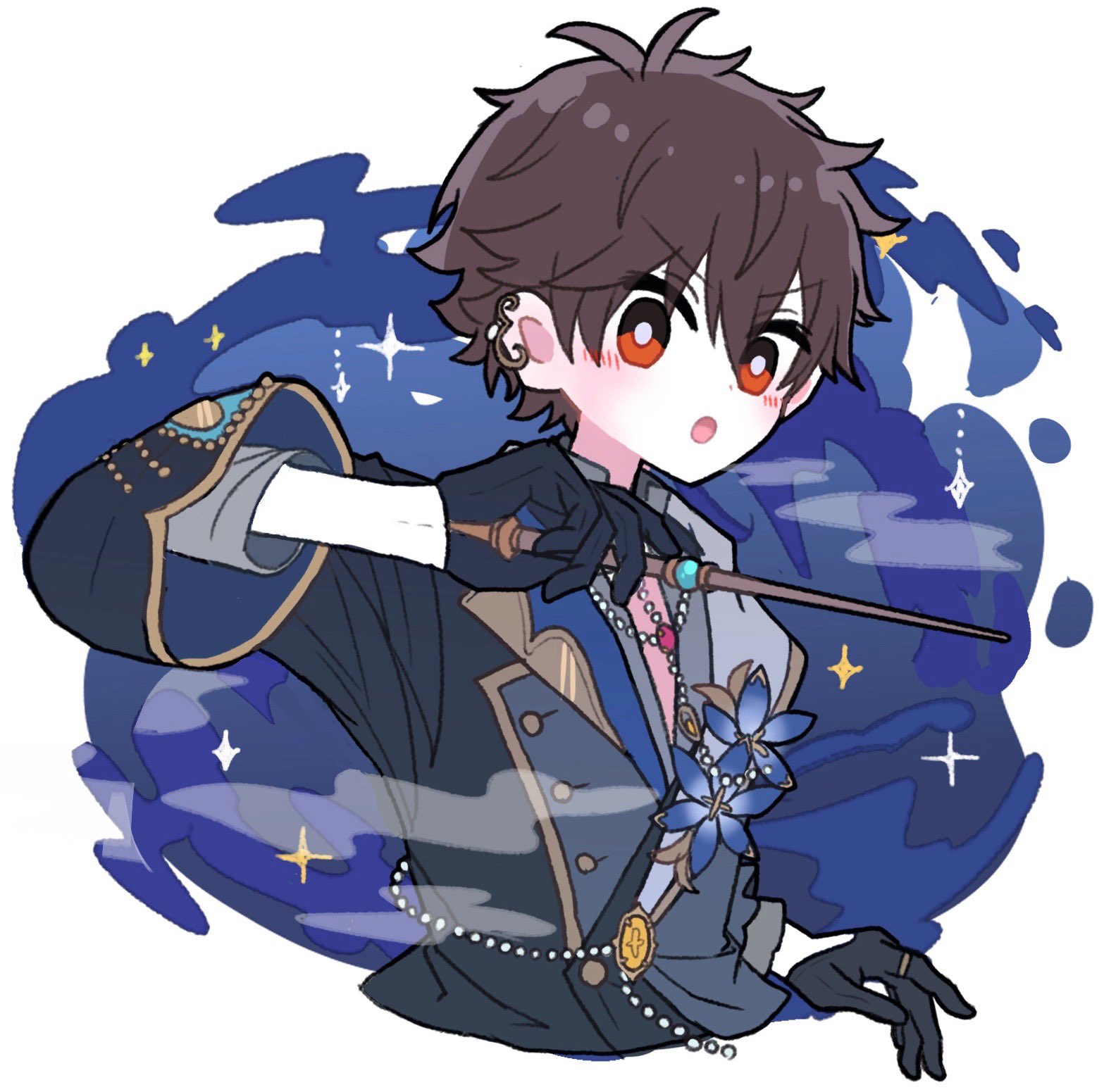 morisawa chiaki, ensemble stars!, commentary request, highres, 1boy, beads, black gloves, brown hair, flower, gloves, grey pupils, hand up, holding, jewelry, looking at viewer, male focus, mani (pukakaka09), open mouth, red eyes, ring, solo, sparkle, three-quarter sleeves, upper body