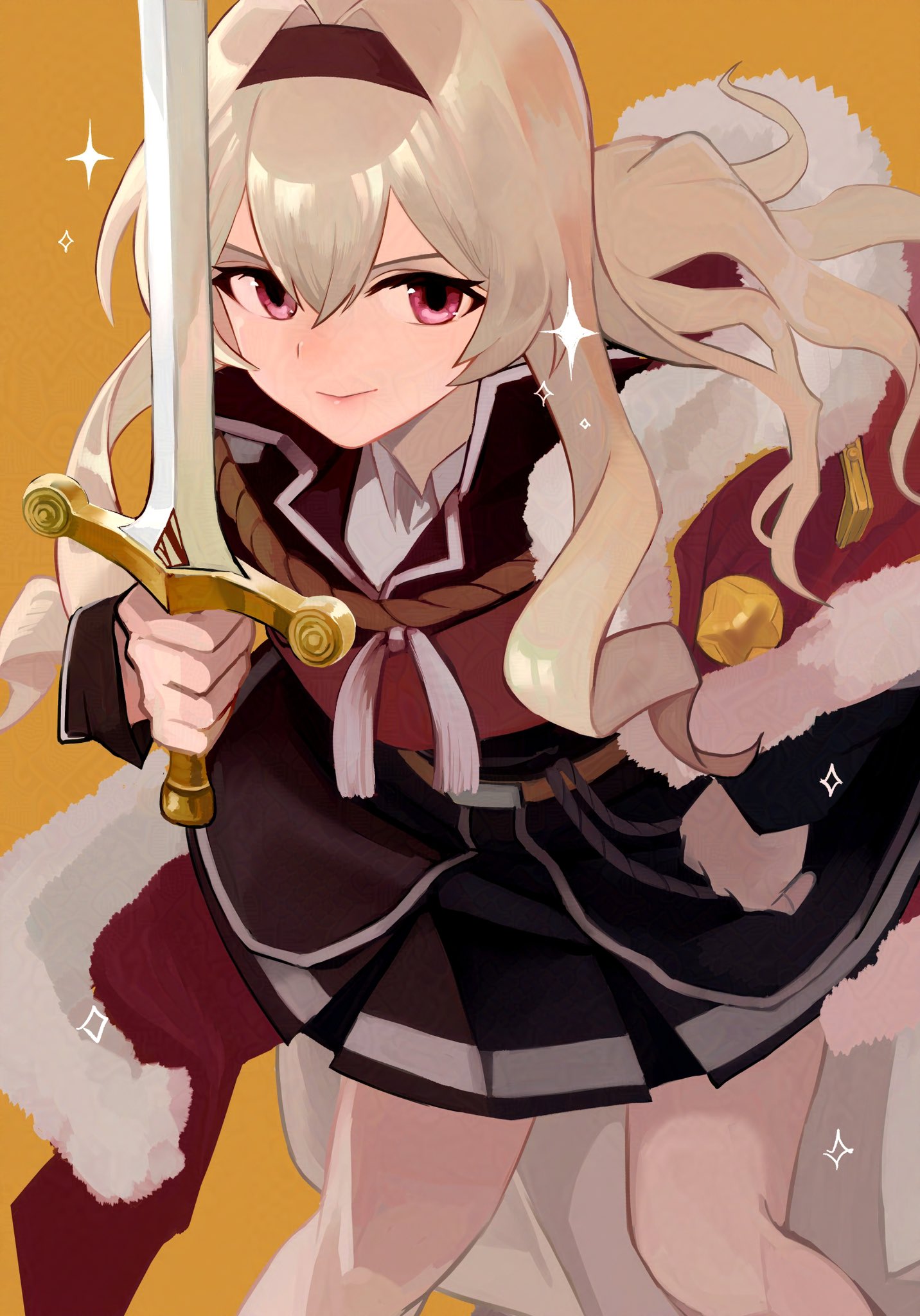 saijou claudine, shoujo kageki revue starlight, commentary request, highres, 1girl, black hairband, black jacket, black skirt, blonde hair, closed mouth, feet out of frame, fur-trimmed jacket, fur trim, hair between eyes, hairband, hand up, holding, holding sword, holding weapon, jacket, jacket on shoulders, leaning forward, light smile, long hair, long sleeves, looking at viewer, miniskirt, pink eyes, red jacket, red sash, sash, shiotansushi, shoulder sash, sidelocks, simple background, single stripe, skirt, solo, sparkle, standing, striped clothes, striped skirt, sword, v-shaped eyebrows, waist cape, wavy hair, weapon, yellow background