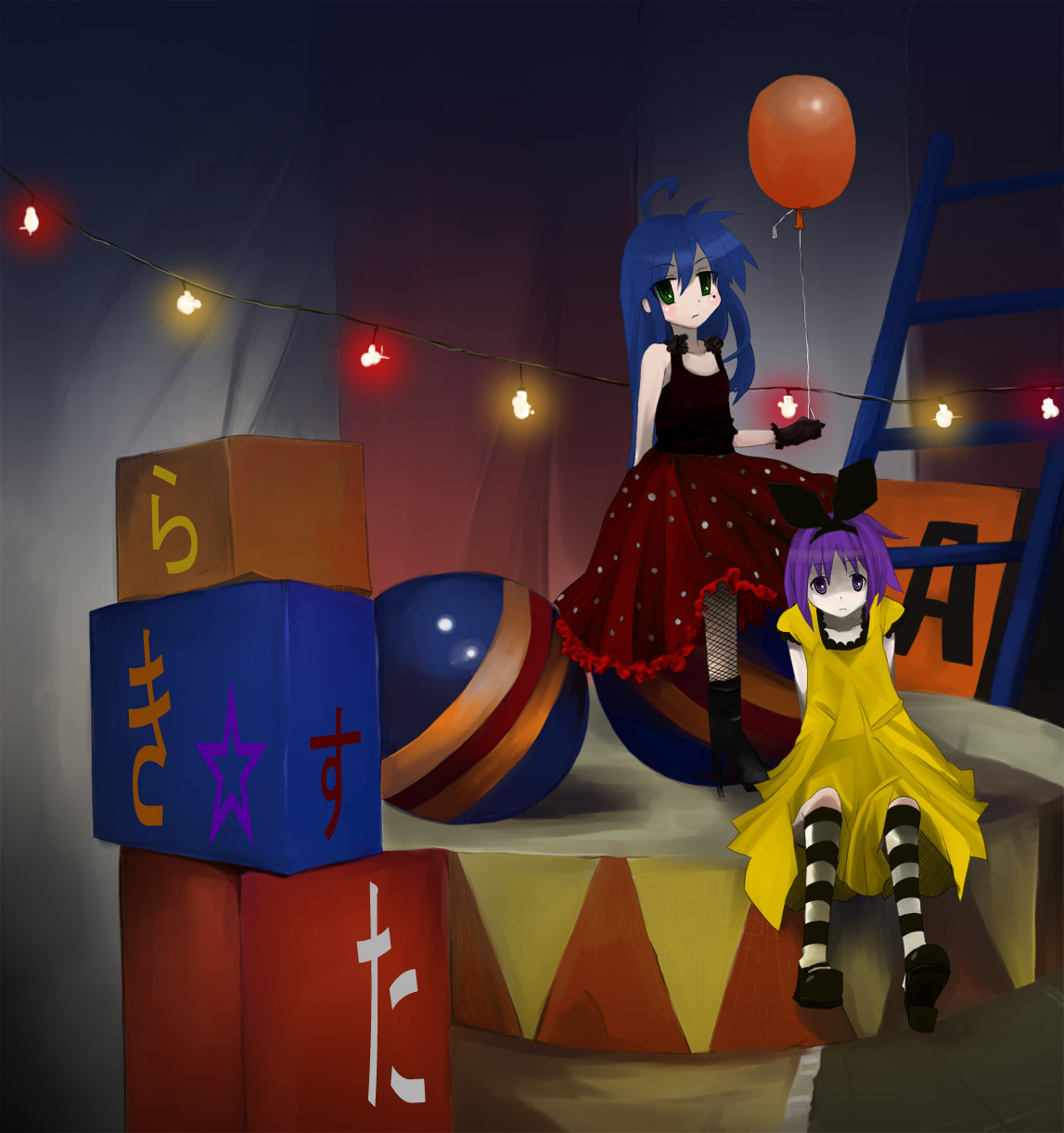 110 gou, hiiragi tsukasa, izumi konata, lucky star, striped legwear, bad id, bad pixiv id, highres, 00s, 2girls, ahoge, balloon, blue hair, dress, fishnets, gloves, gothic lolita, green eyes, lolita fashion, long hair, mole, mole under eye, multiple girls, pale skin, purple eyes, purple hair, ribbon, short hair, striped clothes, striped thighhighs, thighhighs