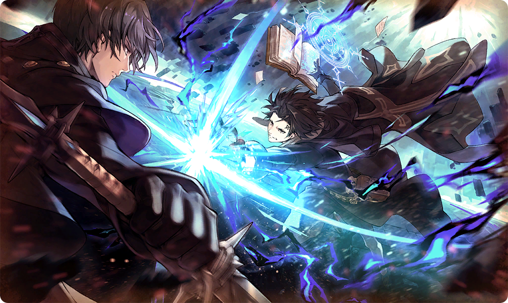eins (ta ga tame no alchemist), sol (ta ga tame no alchemist), ta ga tame no alchemist, commentary, official art, third-party source, 2boys, battle, black cloak, black eyes, black gloves, black hair, book, cloak, closed mouth, facial mark, gloves, holding, holding sword, holding weapon, katana, magic circle, male focus, multiple boys, open book, sword, weapon