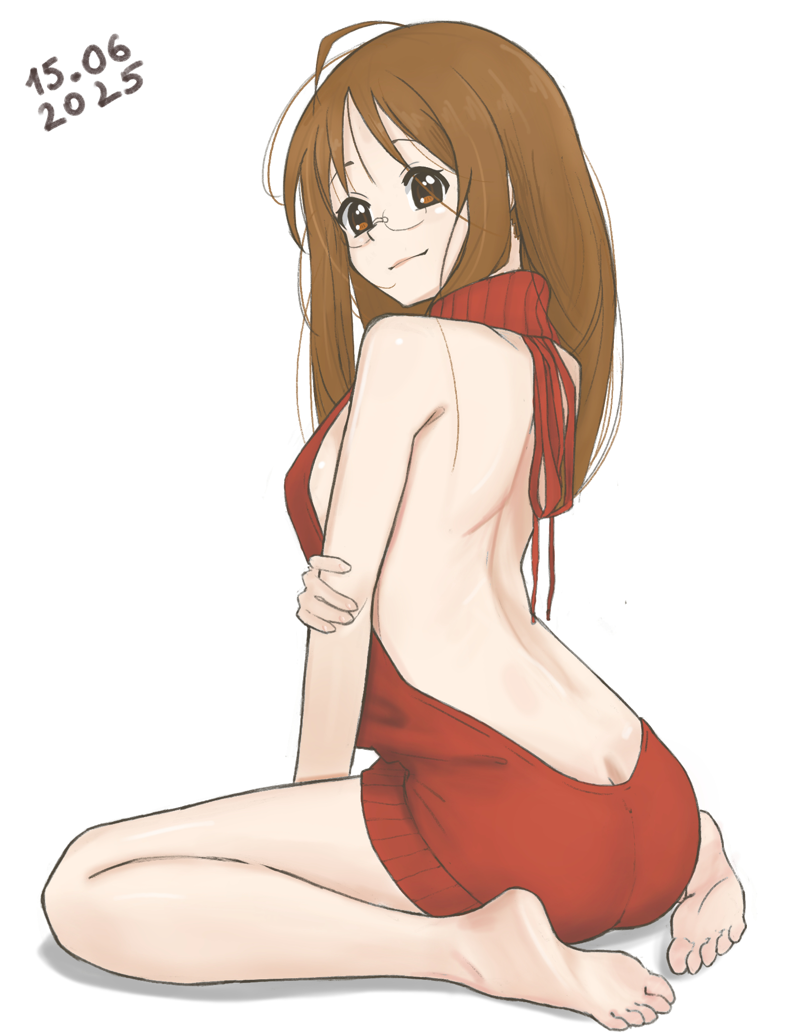 andreypavlow, yamanaka sawako, k-on!, commentary, english commentary, highres, 1girl, alternate costume, ass, back, backless dress, backless outfit, bare back, bare shoulders, barefoot, brown eyes, brown hair, butt crack, closed mouth, dated, dress, feet, from behind, full body, glasses, long hair, looking at viewer, looking back, naked sweater, no bra, rimless eyewear, shoulder blades, simple background, sitting, sleeveless, sleeveless sweater, sleeveless turtleneck, soles, solo, sweater, sweater dress, toes, turtleneck, turtleneck sweater, virgin killer sweater, wariza, white background
