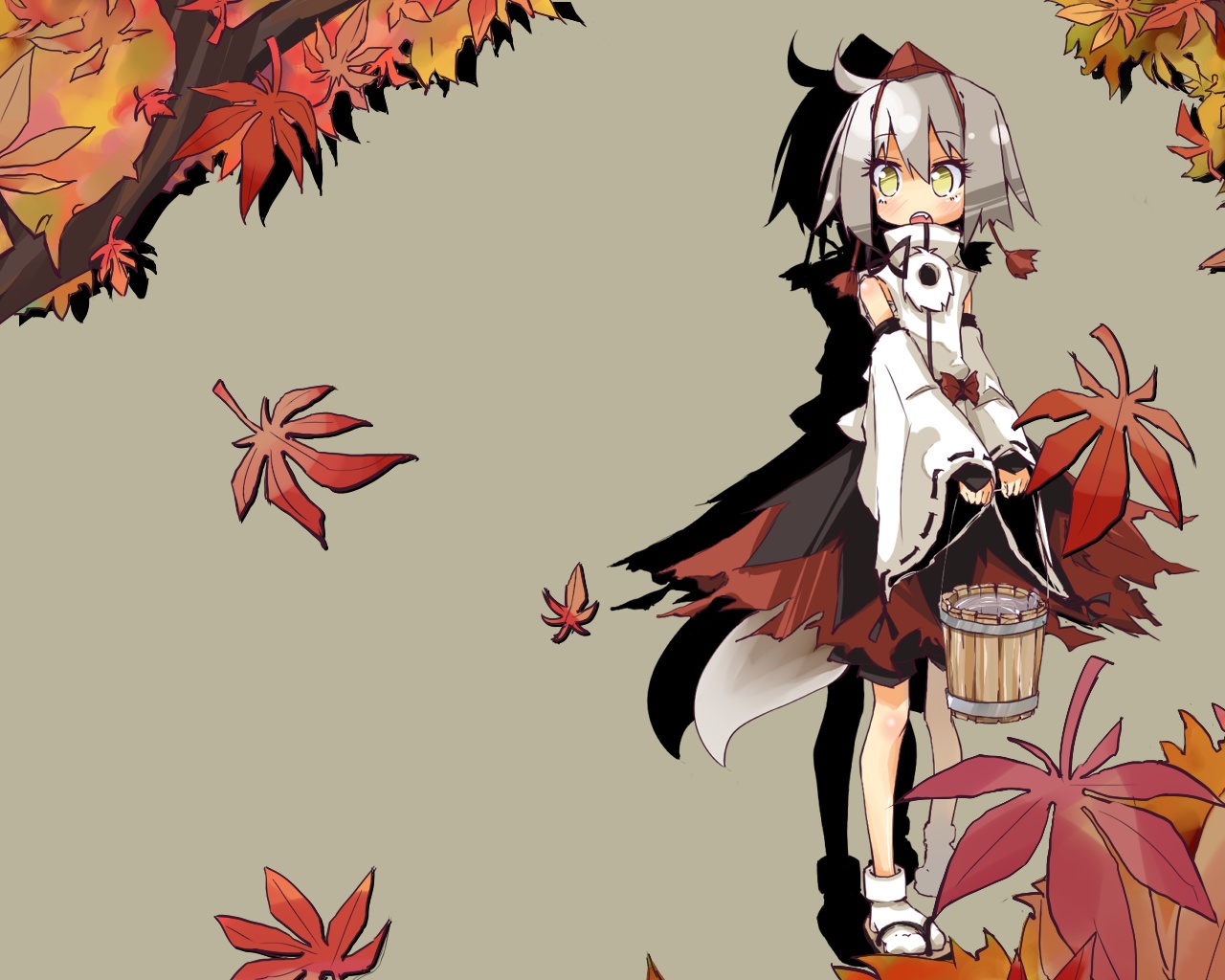 hato haru, inubashiri momiji, touhou, silver hair, 1girl, ahoge, autumn, bucket, detached sleeves, fang, female focus, hat, leaf, sandals, short hair, skirt, solo, tail, water, wolf tail, yellow eyes, zouri