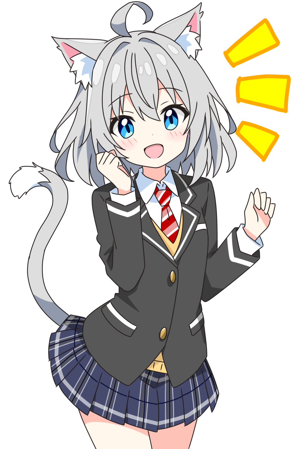 kotatsu-mazoku, grey-haired cat girl (kotatsu-mazoku), original, commentary request, highres, 1girl, :d, ahoge, animal ears, black jacket, blue eyes, blue skirt, blush, cat ears, cat girl, cat tail, collared shirt, cowboy shot, dot nose, grey hair, hands up, jacket, long sleeves, looking at viewer, necktie, notice lines, open mouth, plaid clothes, plaid skirt, pleated skirt, red necktie, school uniform, shirt, short hair, simple background, skirt, smile, solo, striped necktie, tail, white background, white shirt