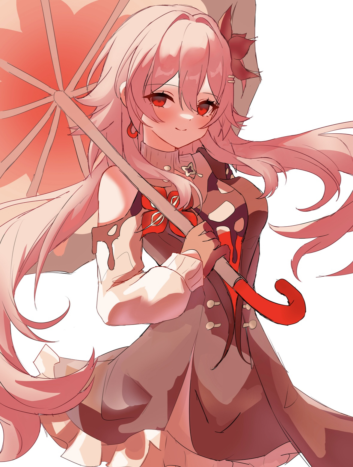 rumi (xafv5772), evernight (honkai: star rail), march 7th (honkai: star rail), honkai: star rail, honkai (series), highres, 1girl, black dress, breasts, closed mouth, cowboy shot, dress, earrings, flower, hair flower, hair ornament, holding, holding umbrella, jewelry, looking at viewer, medium breasts, official alternate design, official alternate eye color, official alternate hair length, official alternate hairstyle, red eyes, short dress, simple background, single bare shoulder, single earring, smile, solo, umbrella, white background