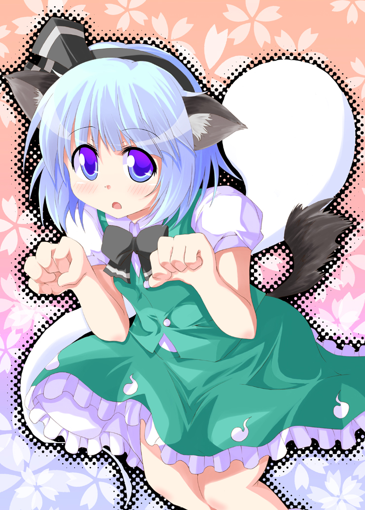 k hiro, konpaku youmu, konpaku youmu (ghost), touhou, 1girl, animal ears, blue eyes, blue hair, blush, female focus, hitodama, short hair, solo, tail